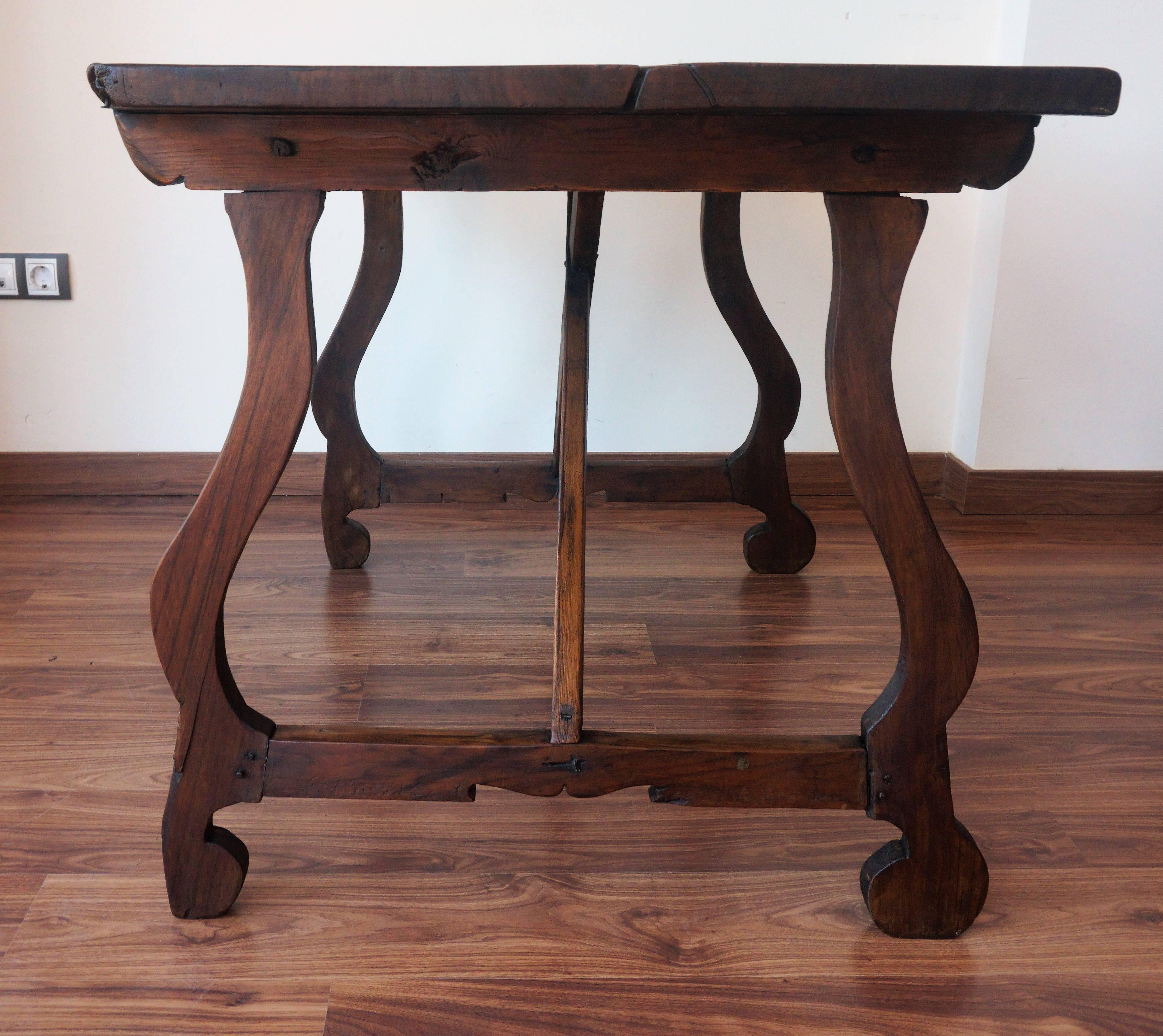 19th Century 18th Century, Spanish Baroque Trestle Refectory Desk Table on Lyre-Shaped Legs