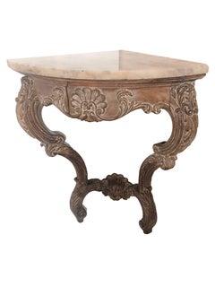 Early 20th Century Rococo French Hand-Carved Pair of Corner Consoles with Drawer