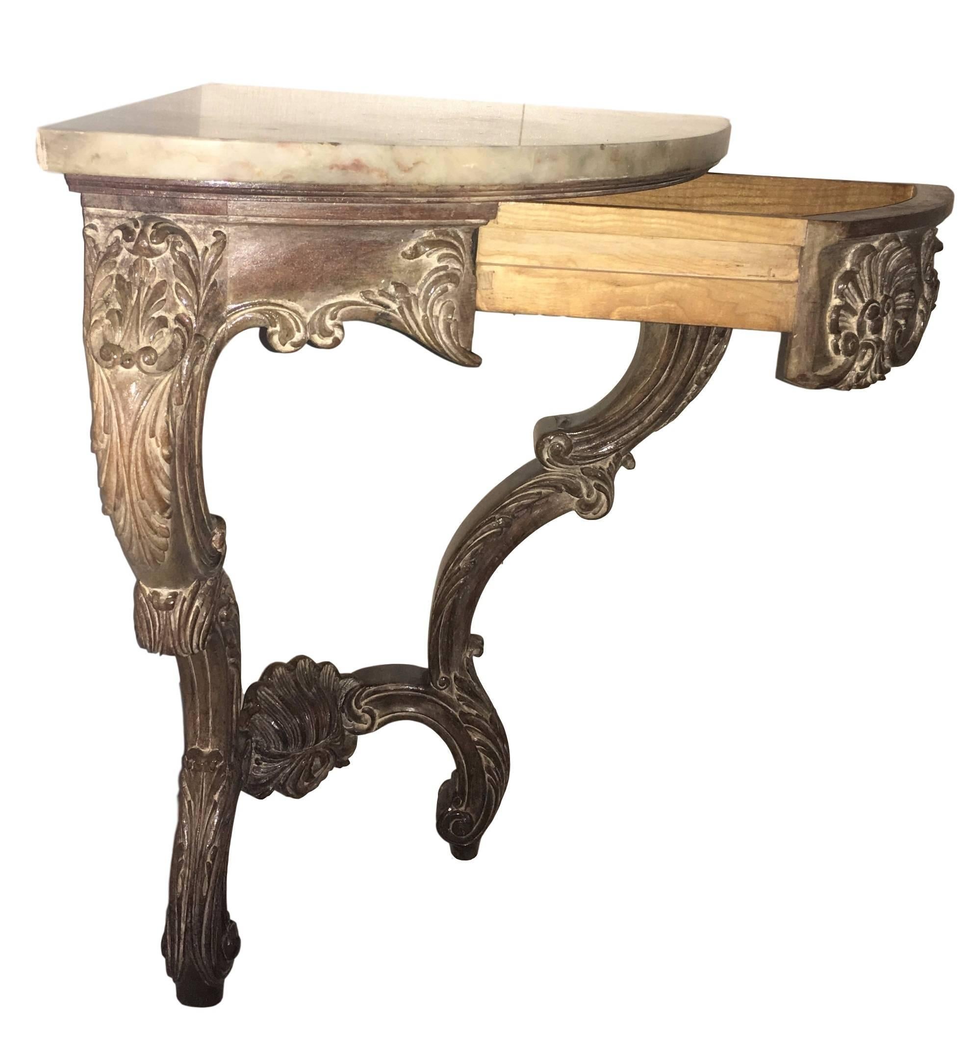 Wood Early 20th Century Rococo French Hand-Carved Pair of Corner Consoles with Drawer For Sale