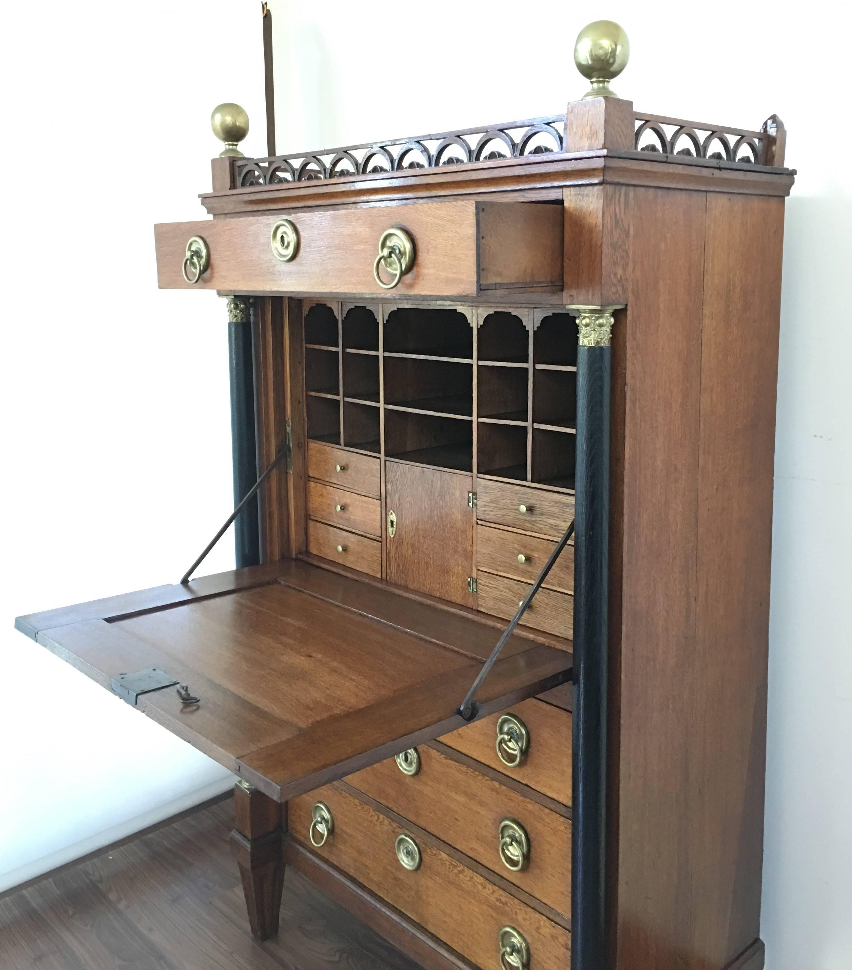 Biedermeier 19th Century Empire Drop-Front Oak Secretary Desk or Abattant, Chest France