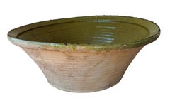 19th Century Spanish Hand Thrown and Glazed Green Stoneware Pottery Bowl