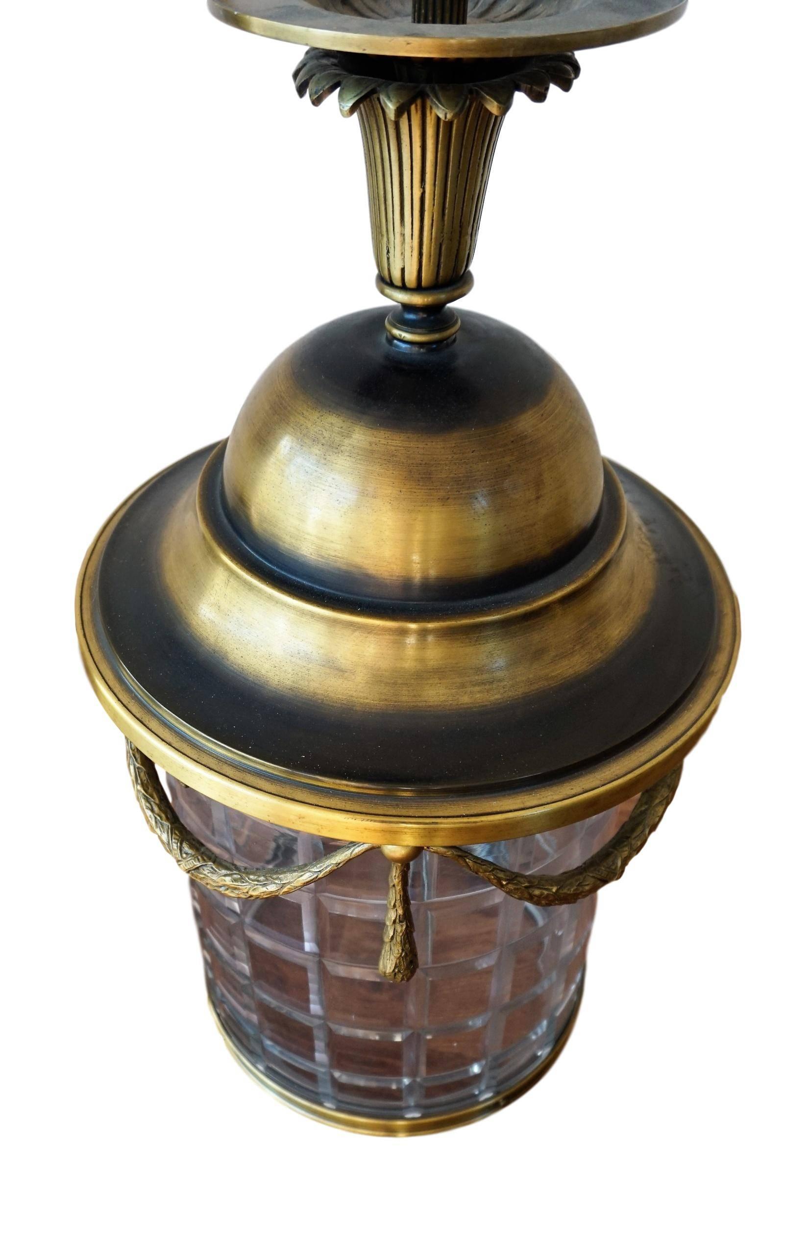 Spanish 20th Century Brass Lantern Hanging Pendant with Handblown Circular Glass For Sale