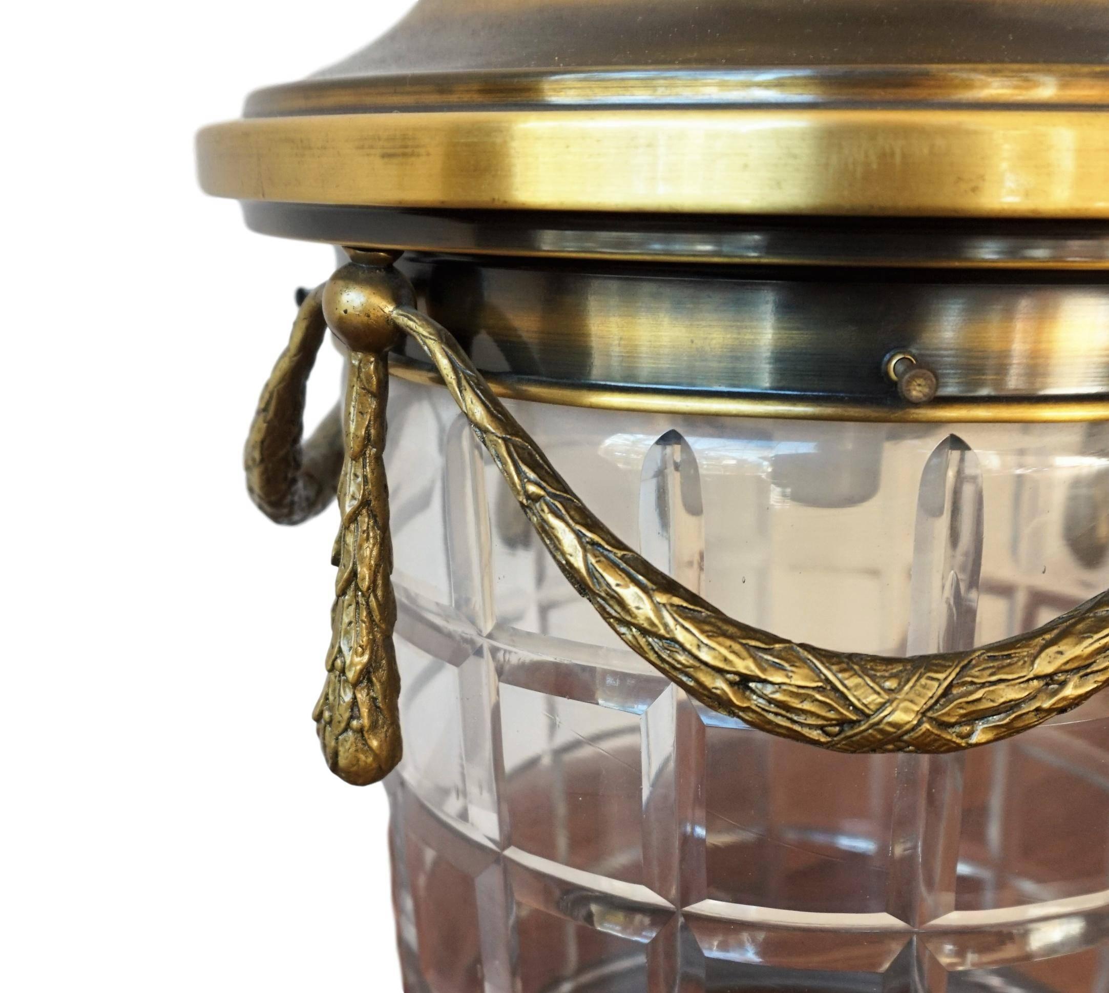 Neoclassical 20th Century Brass Lantern Hanging Pendant with Handblown Circular Glass For Sale