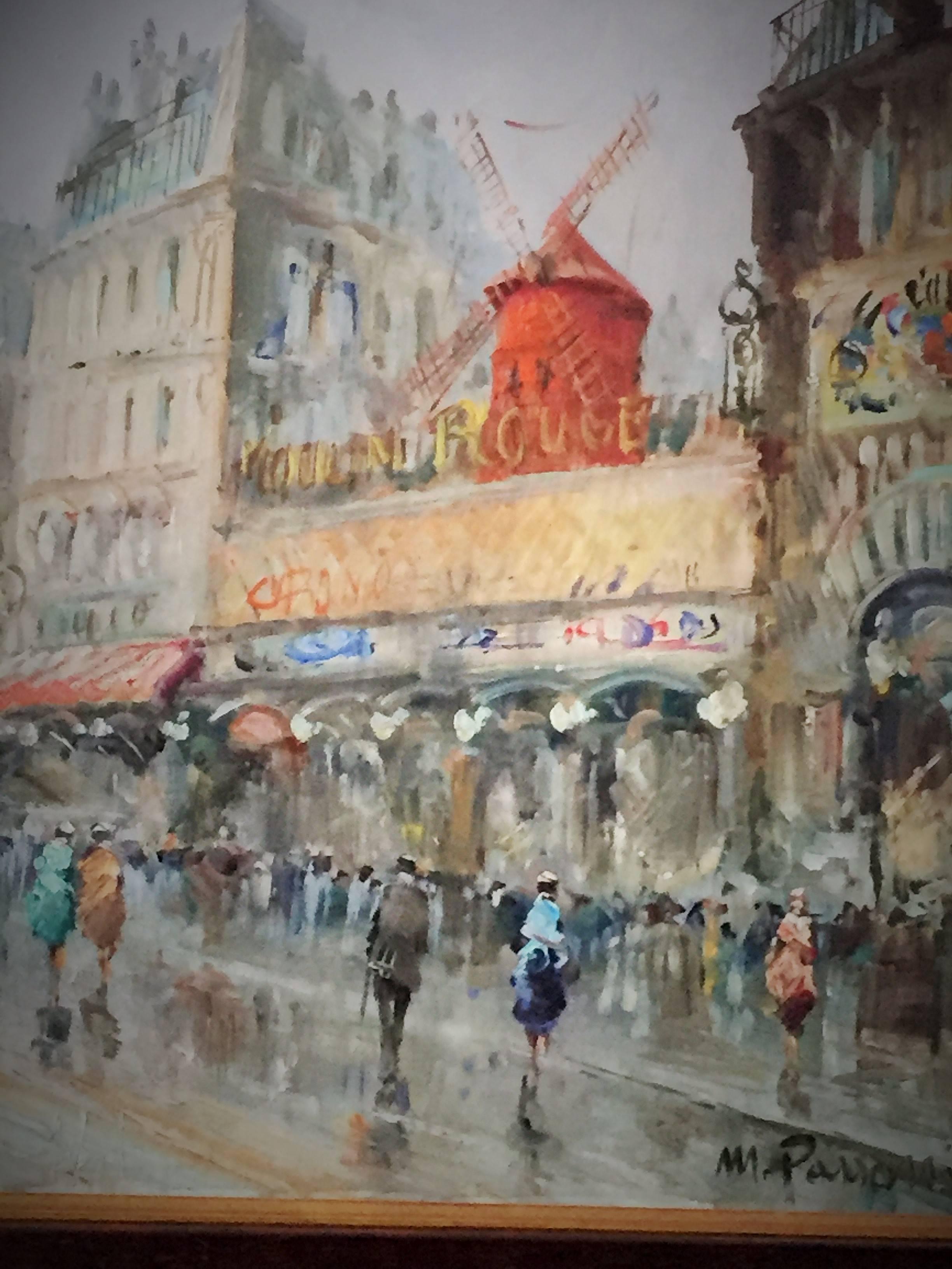 This beautiful oil on canvas painting depicts the iconic Moulin Rouge building in Paris. The classic cityscape composition, signed on the bottom right shows figures, but is focused mainly on the legendary Moulin.

Mario Passoni was born in Naples in
