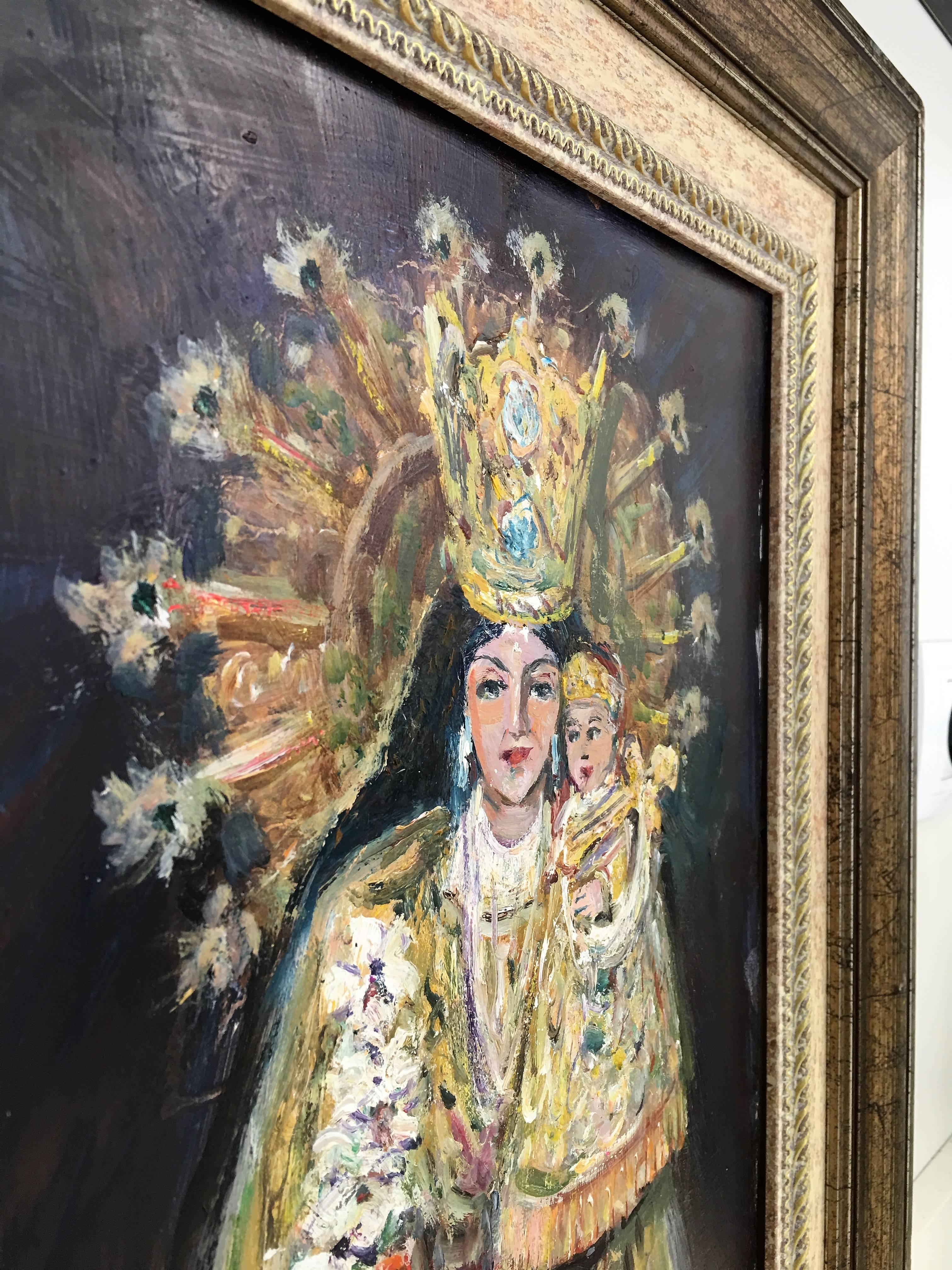 peinture à l'huile du 20e siècle représentant une Vierge à l'Enfant par Arnedo Linares, Espagne (1925-2011)
Cette huile représente le saint patron 