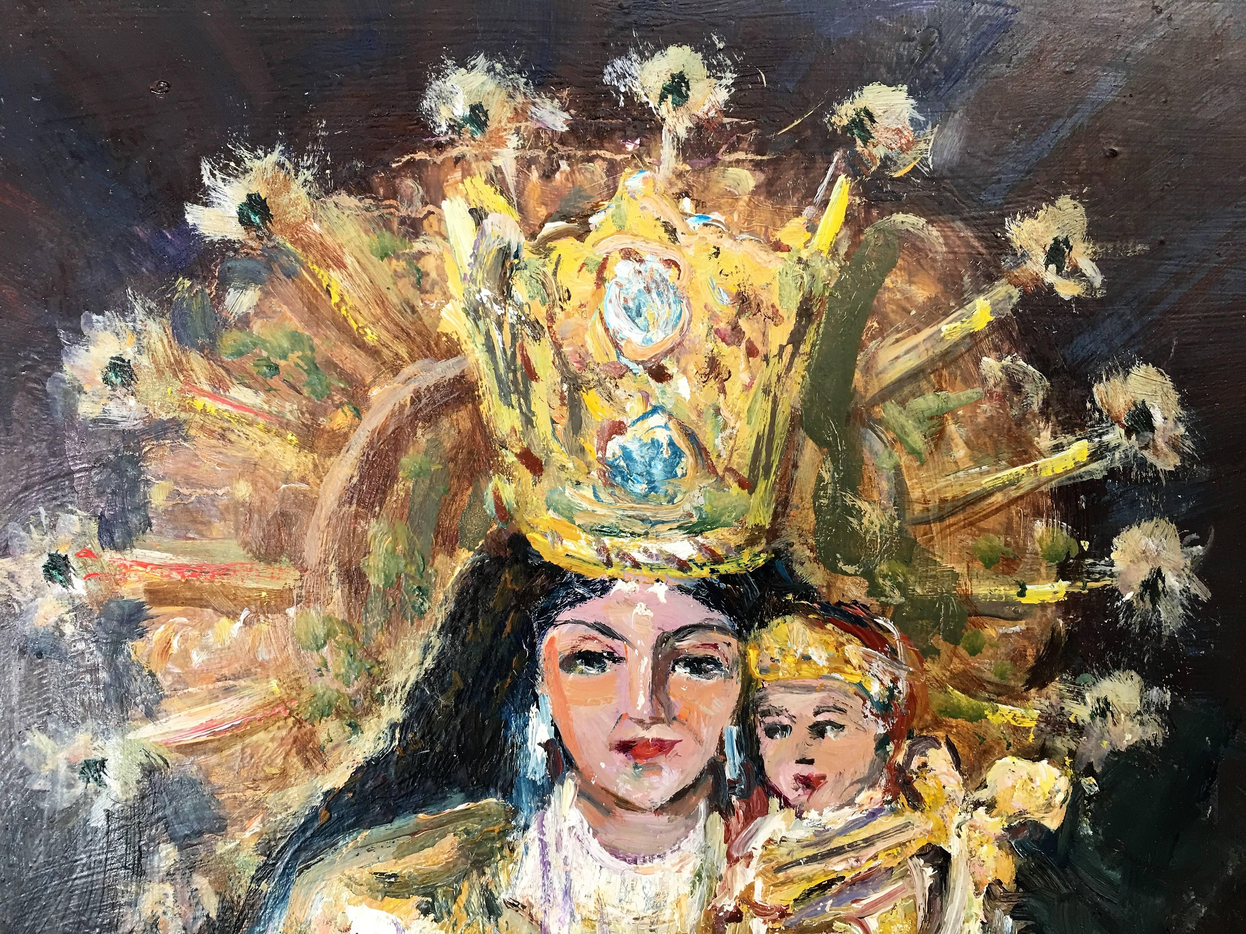 Moderne Peinture à l'huile du 20e siècle représentant Madone et enfant par Arnedo Linares, Espagne en vente