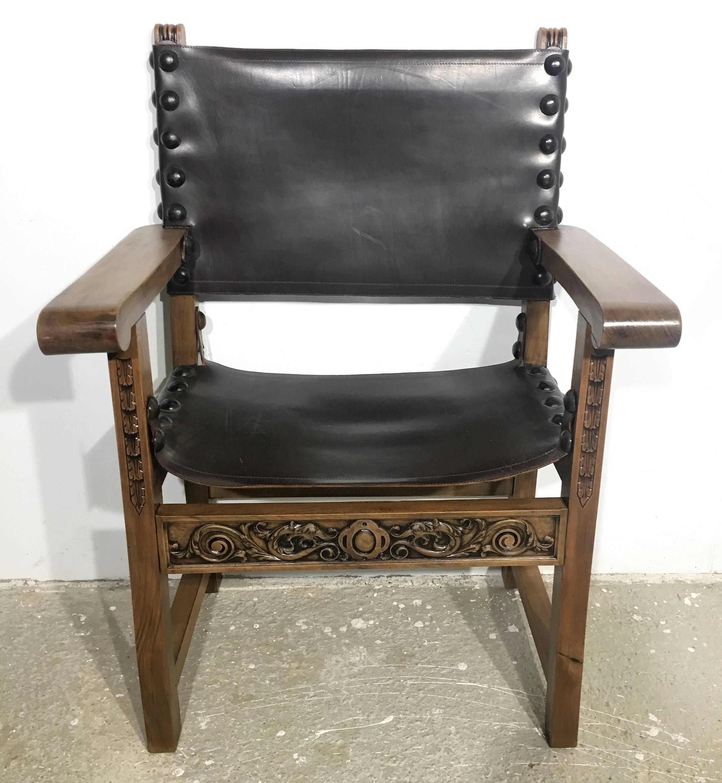 19th Century 19th Set of Four Spanish Colonial Armchairs with Leather