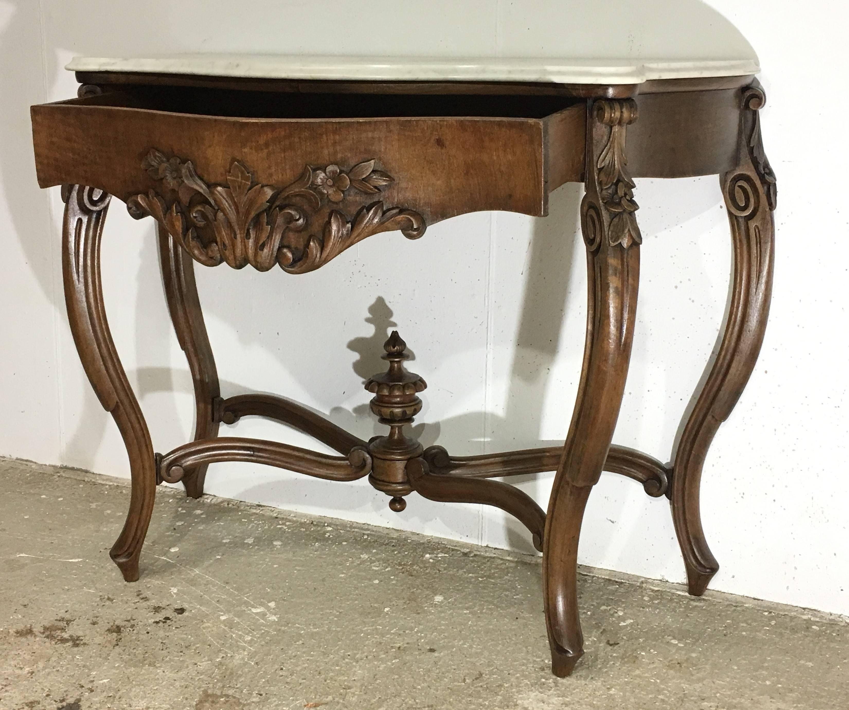 19th French Regency Carved Walnut Console Table with drawer & Marble top  In Excellent Condition In Miami, FL