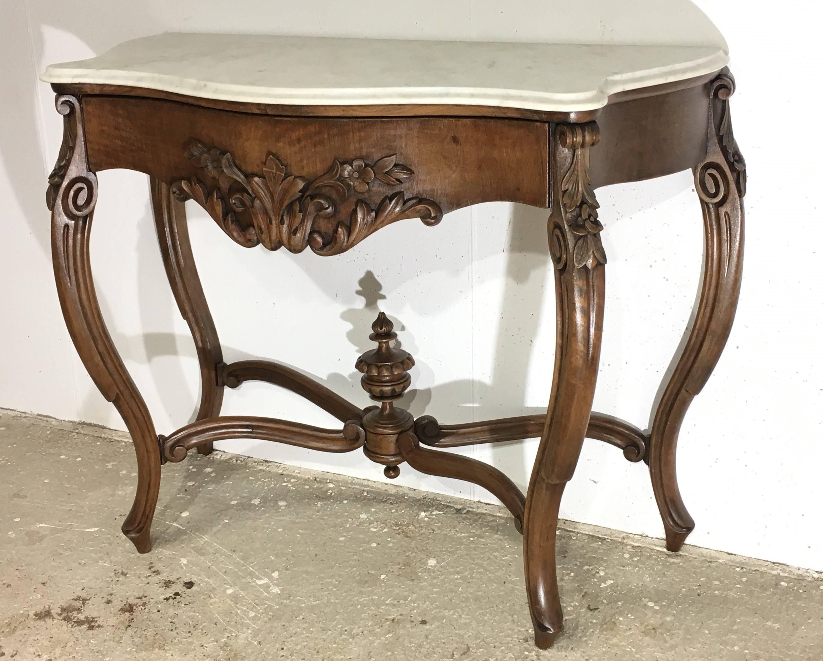 19th Century 19th French Regency Carved Walnut Console Table with drawer & Marble top 