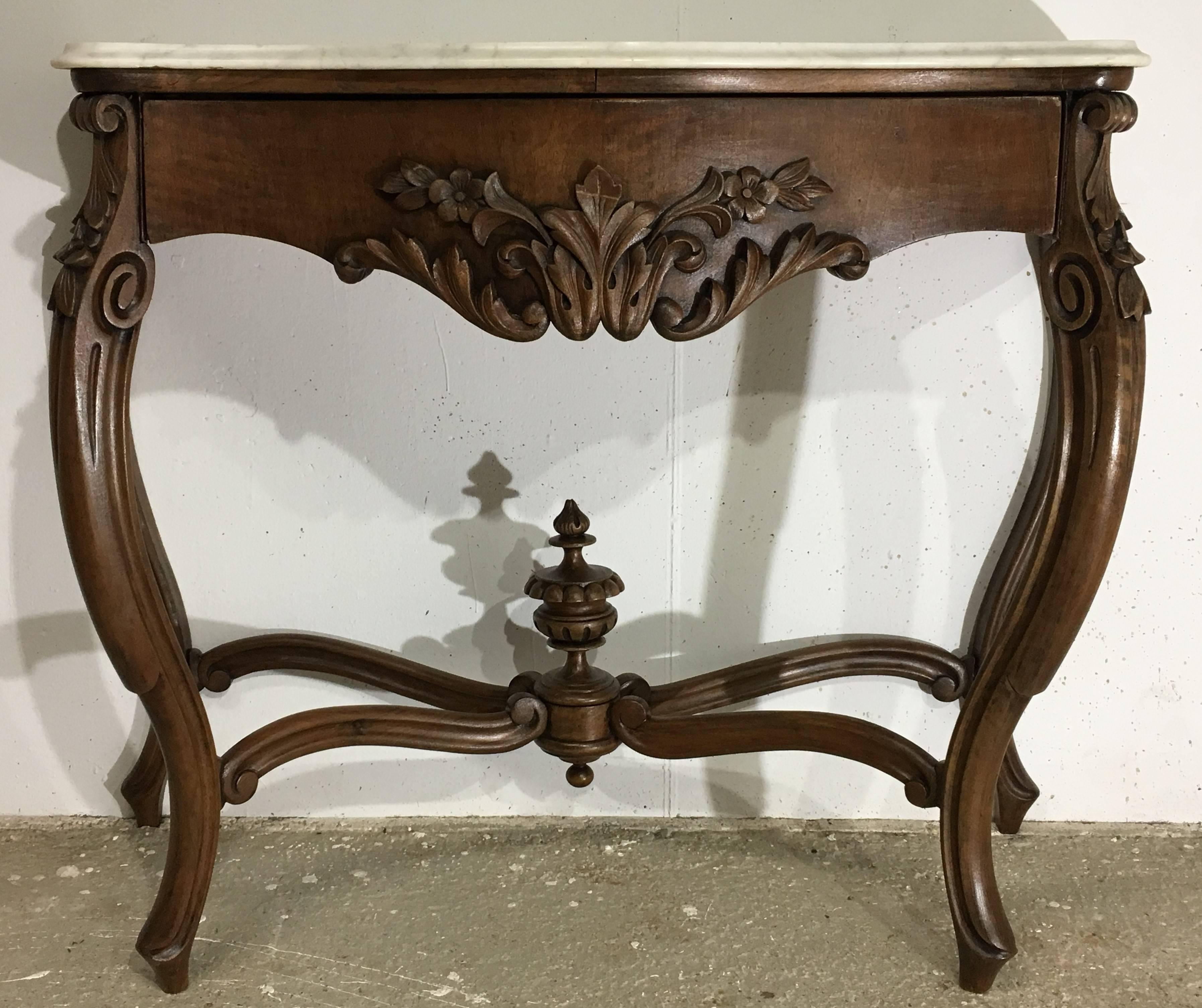 19th French Regency Carved Walnut Console Table with drawer & Marble top  1