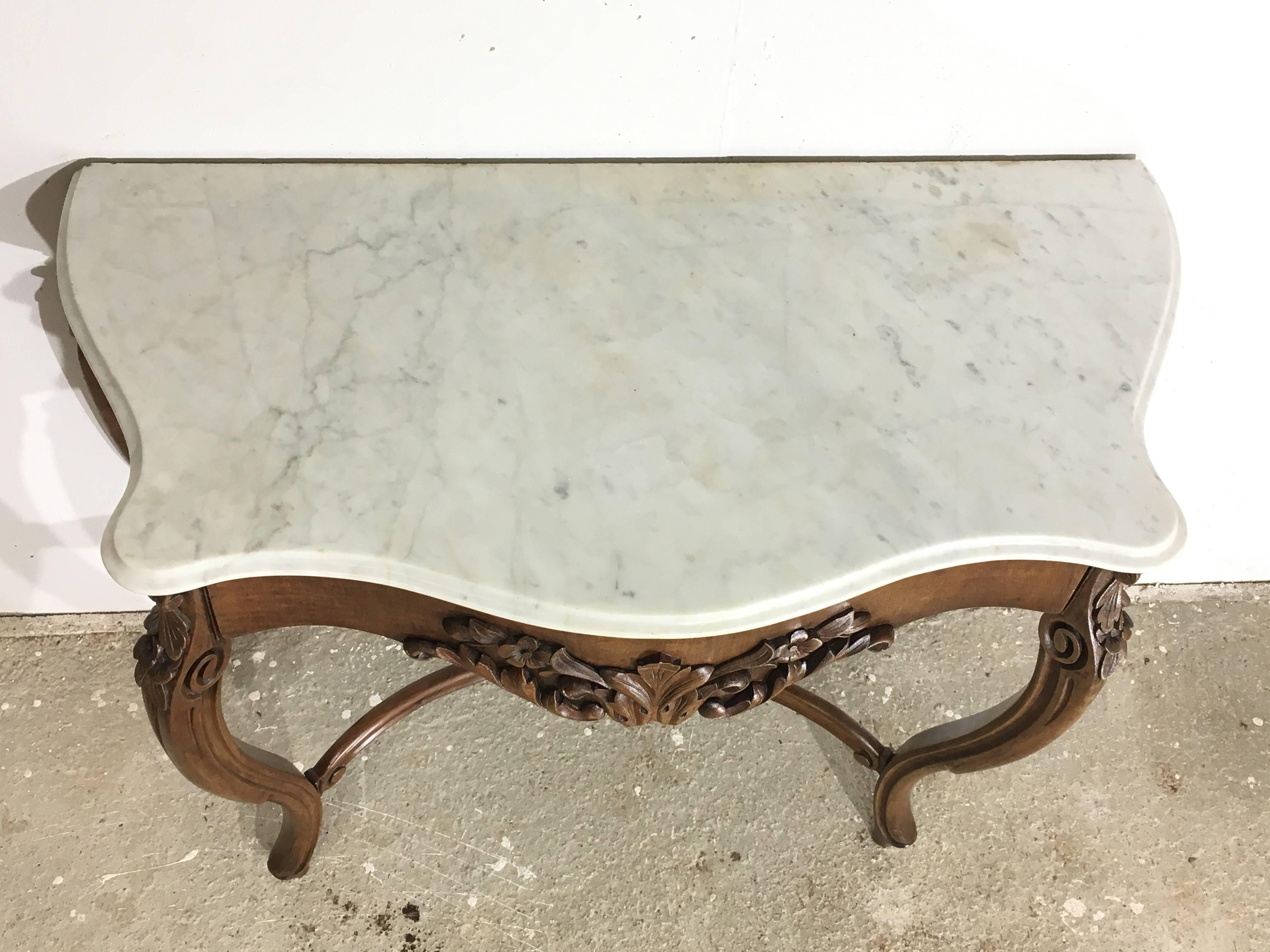 19th French Regency Carved Walnut Console Table with drawer & Marble top  5