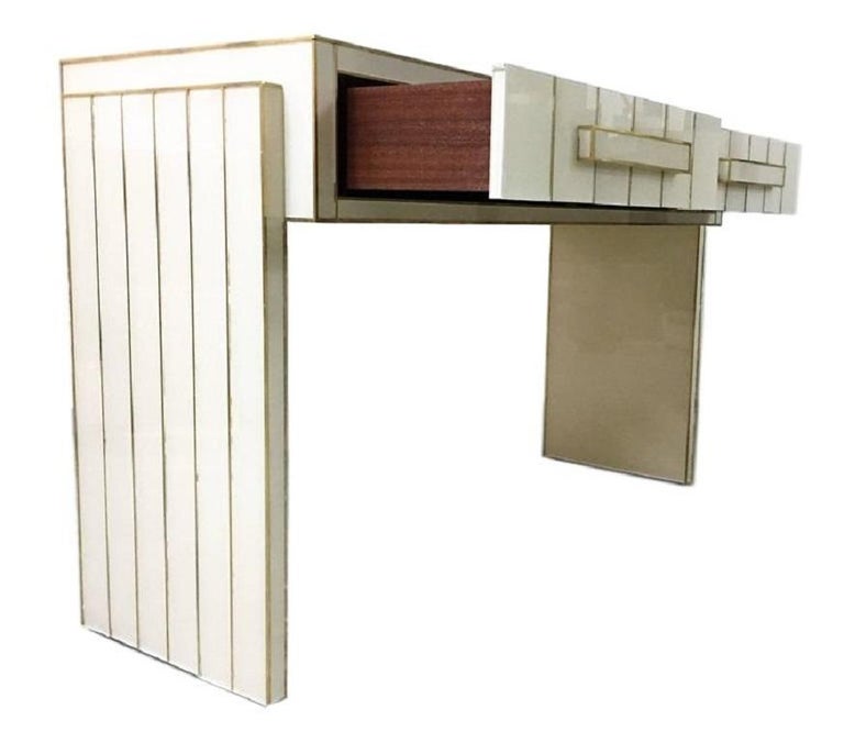 21st Century Two Drawer Mirrored Glass And Brass Writing Desk Or Console