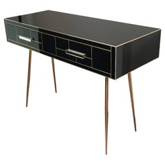 Italian Edizioni Two-Drawer Mirrored and Brass Writing Desk, Mid-Century Modern