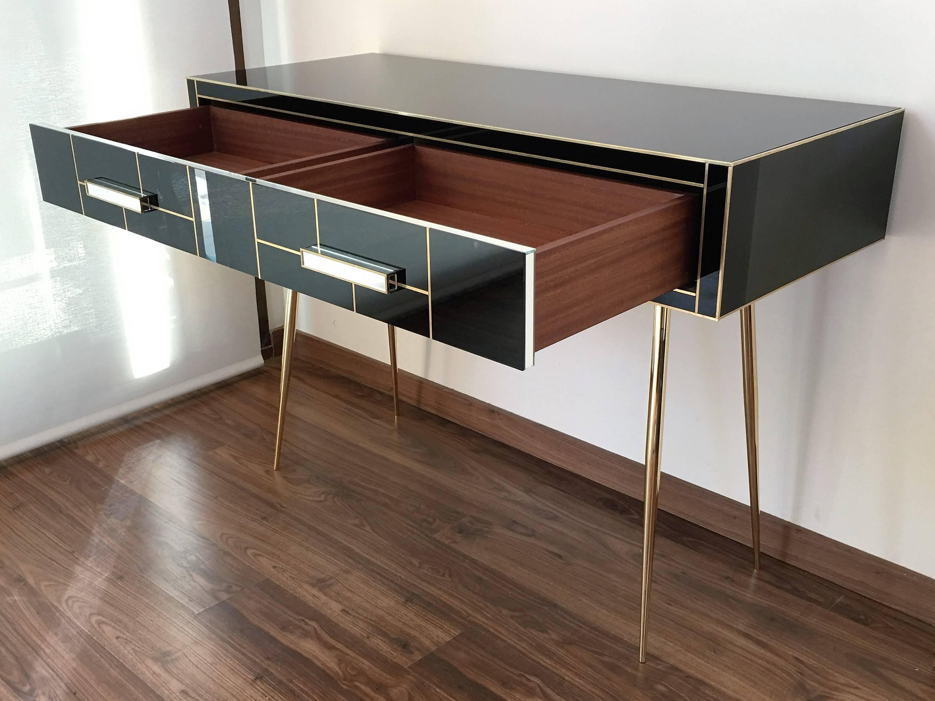 Contemporary Italian Edizioni Two-Drawer Mirrored and Brass Writing Desk, Mid-Century Modern