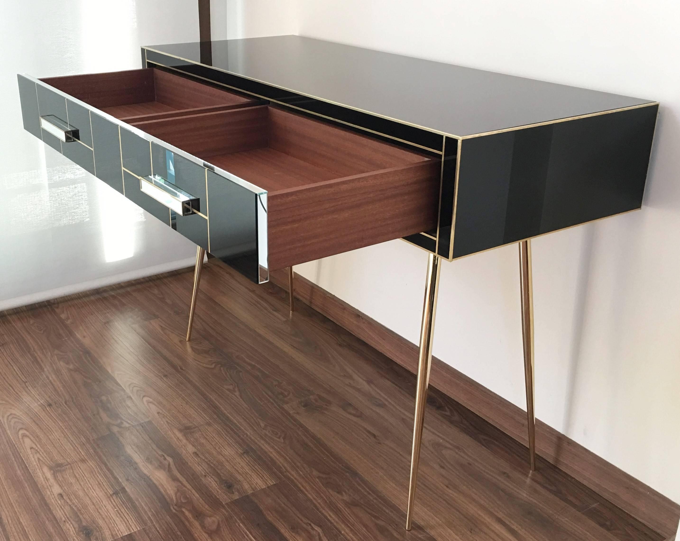 Glass Italian Edizioni Two-Drawer Mirrored and Brass Writing Desk, Mid-Century Modern