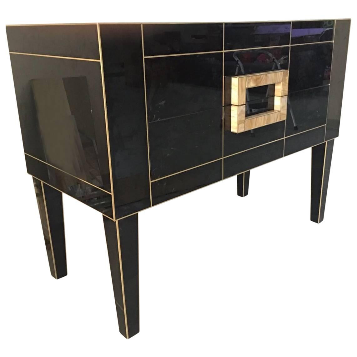 Black Mirrored Commode with Spectacular Ivory Glass Handle
