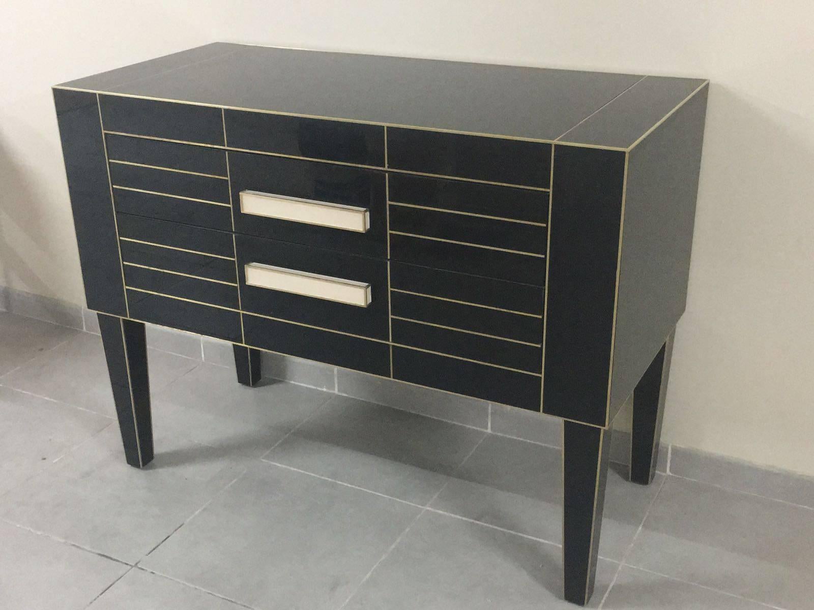 Modern Chest of Drawers in Black Mirror with Ivory Glass Handle