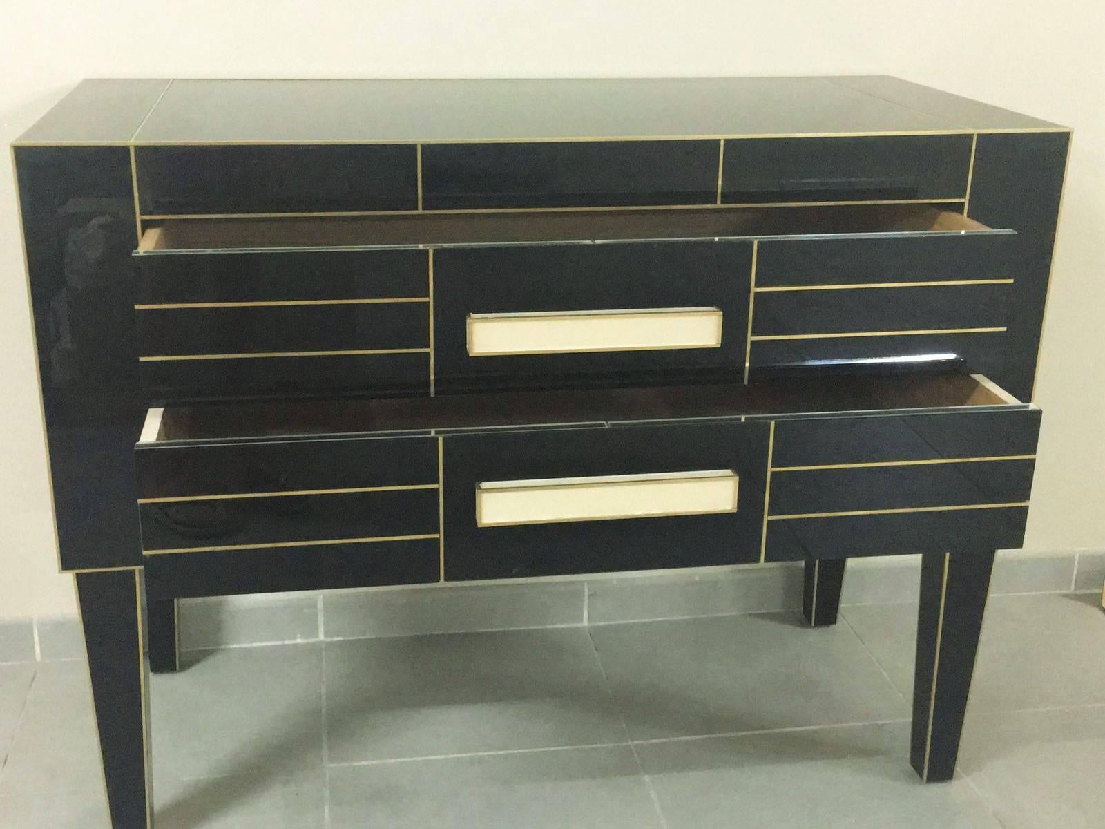 European Chest of Drawers in Black Mirror with Ivory Glass Handle