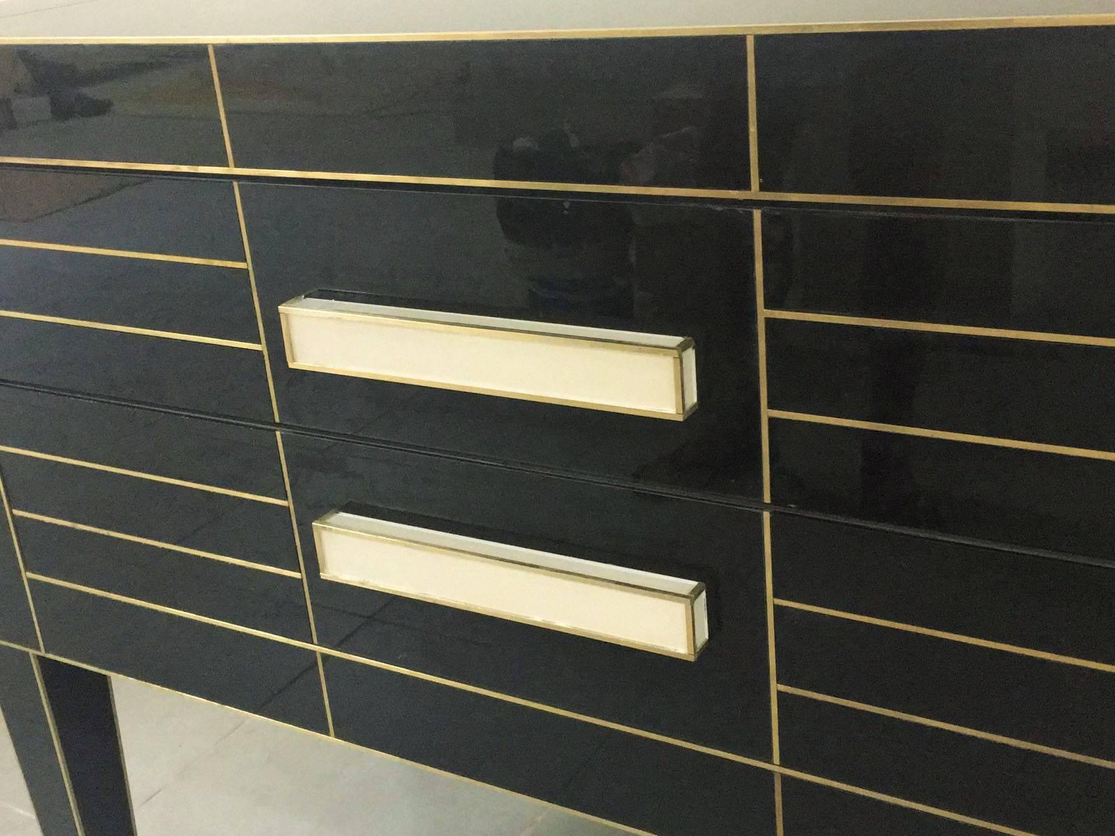 Brass Chest of Drawers in Black Mirror with Ivory Glass Handle