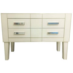 Commode in White Cream Mirrored Glass, Chest of Drawers Mirrored, Credenza