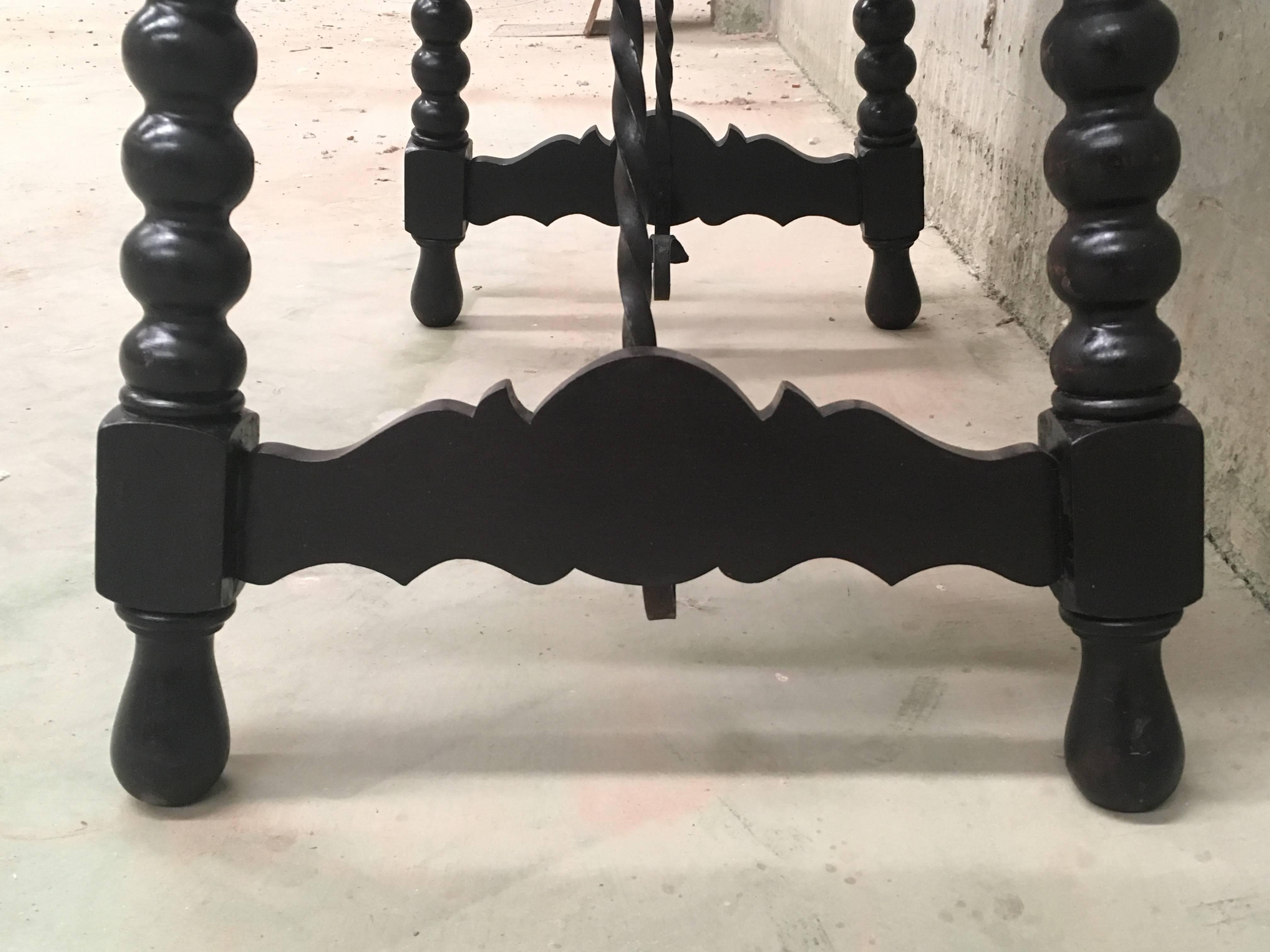 19th Spanish Baroque Side Table with Iron Stretcher and Carved Top in Walnut For Sale 9