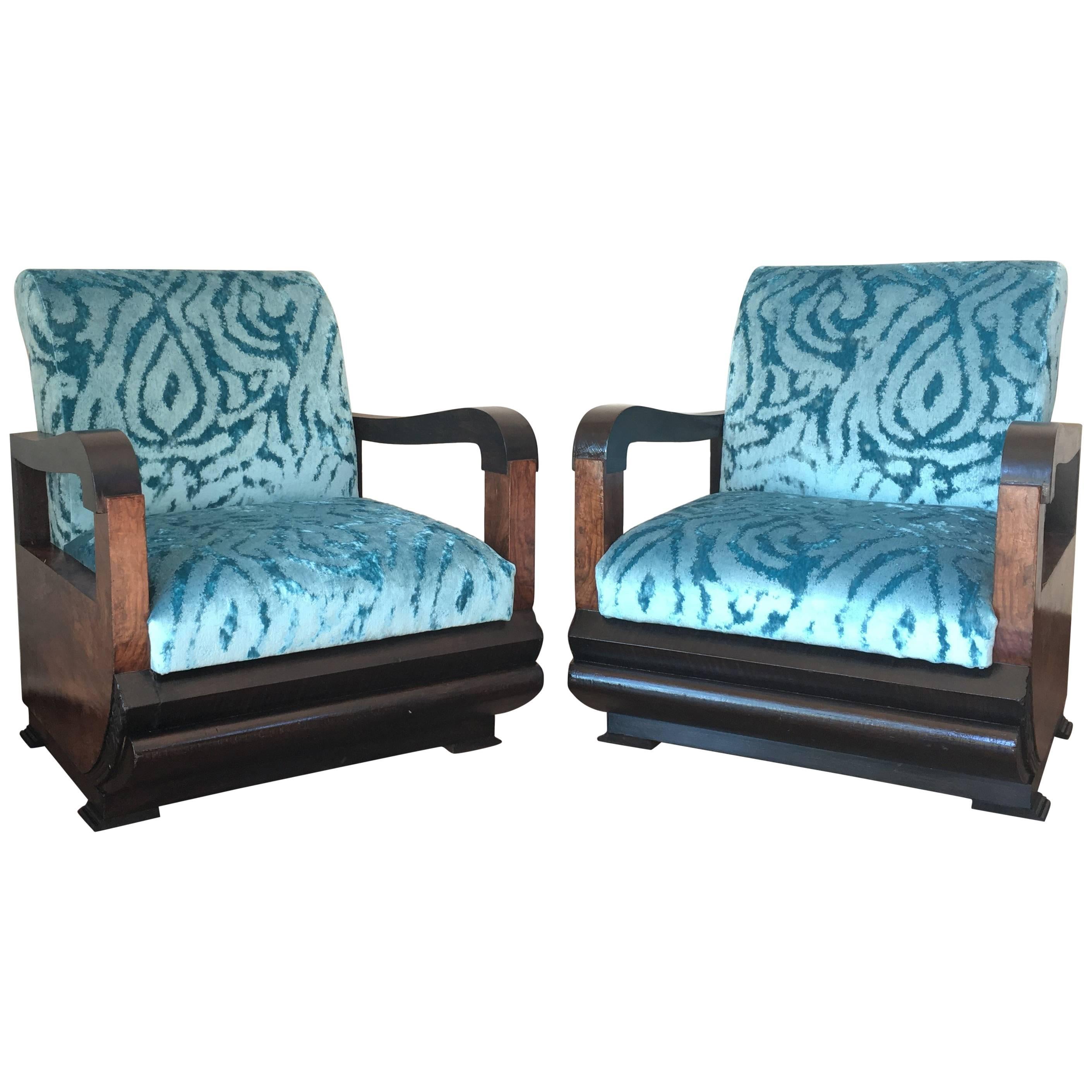 Pair of Art Deco Club Armchairs with Turquoise Velvet by Lizzo, Italy 1