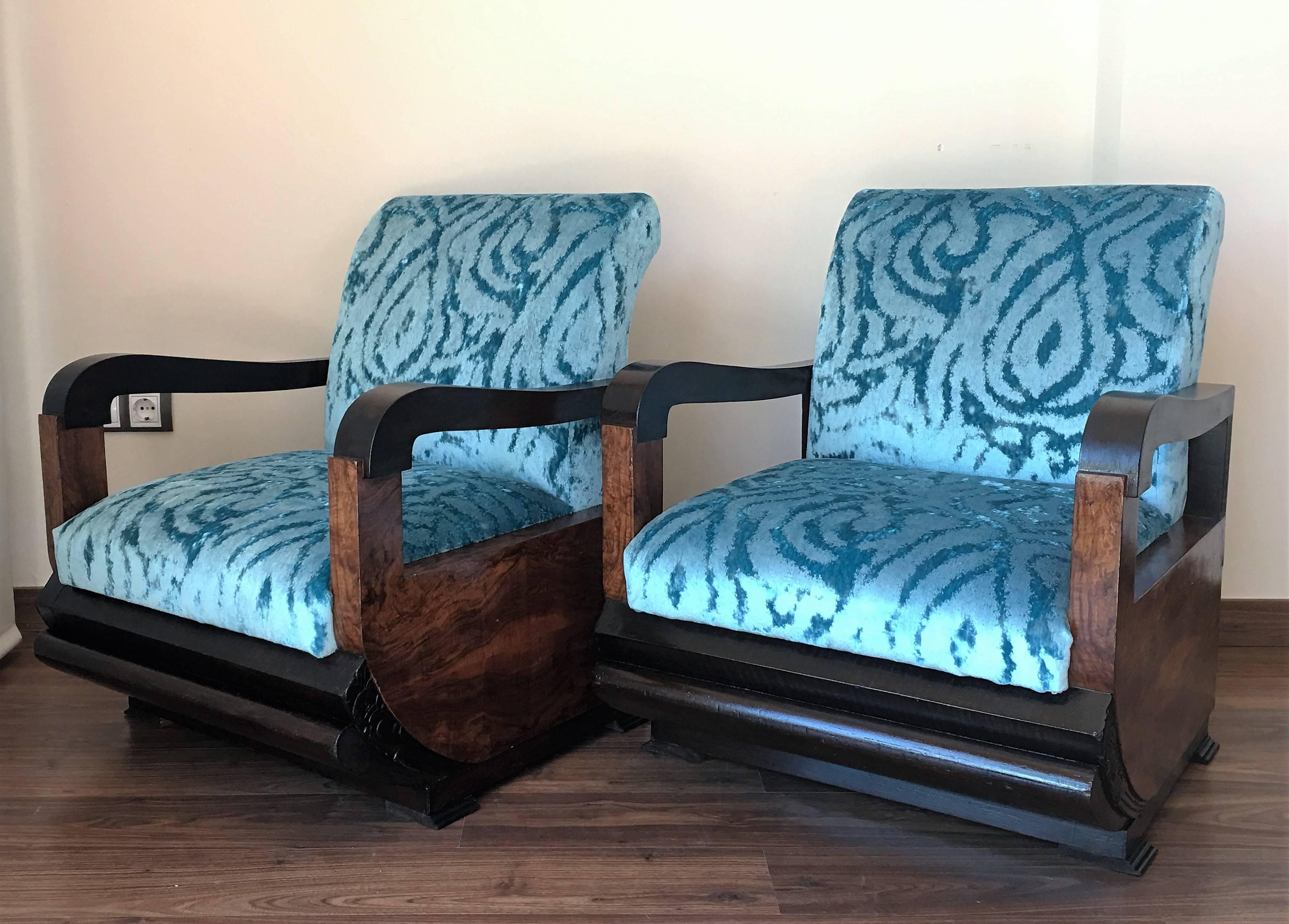 Pair of Art Deco Club Armchairs with Turquoise Velvet by Lizzo, Italy 2