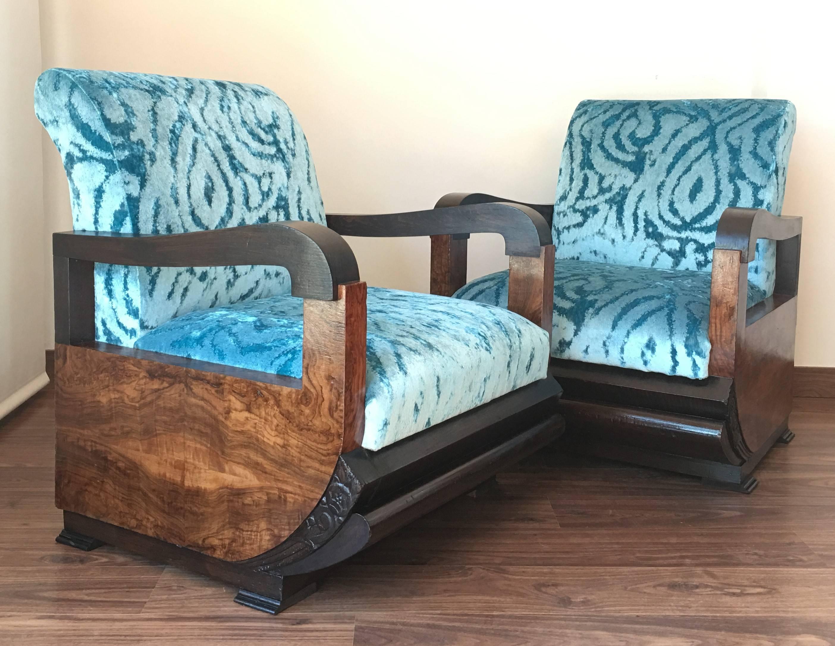 Pair of Art Deco Club Armchairs with Turquoise Velvet by Lizzo, Italy 3