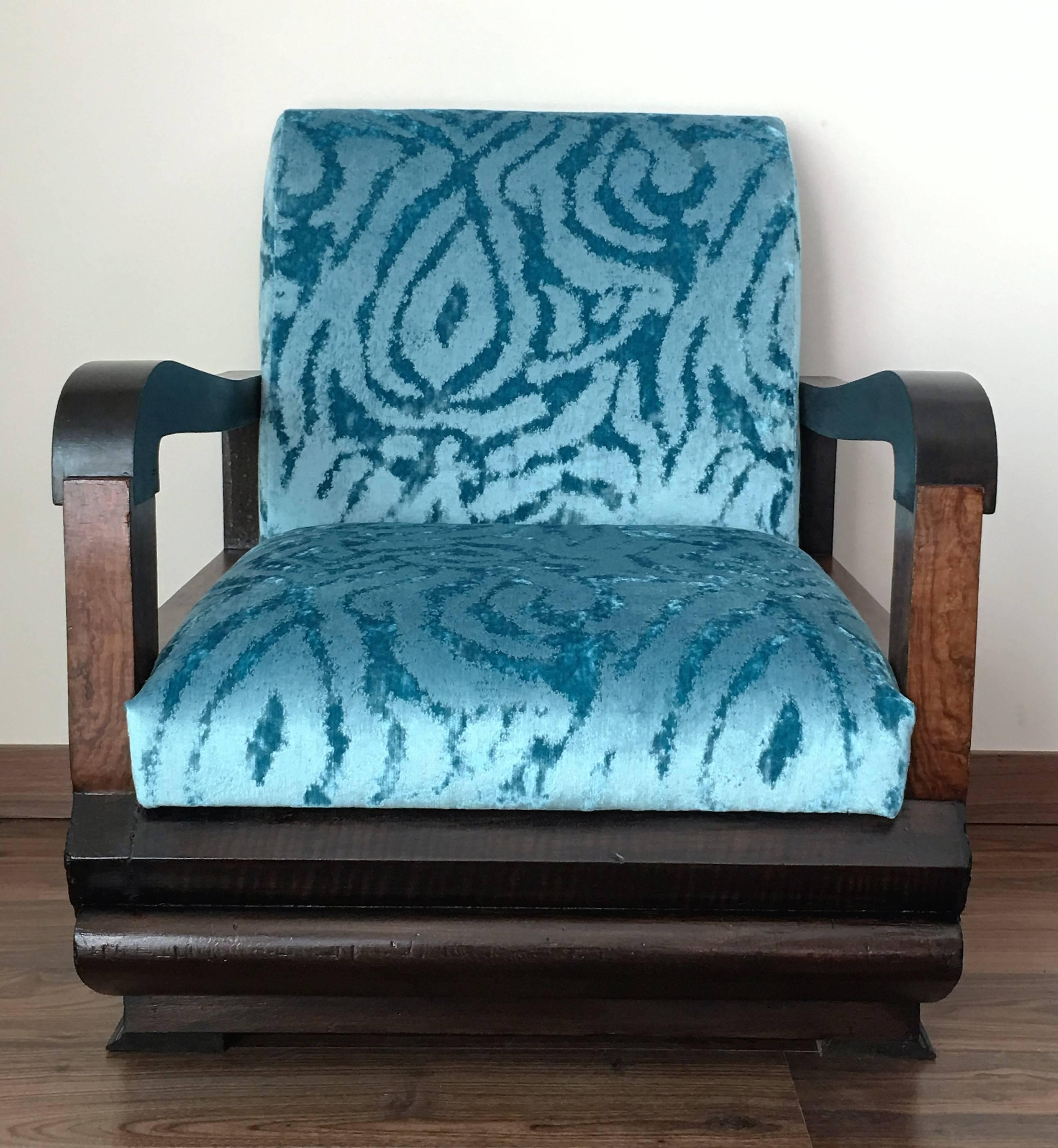 Pair of Art Deco Club Armchairs with Turquoise Velvet by Lizzo, Italy 8