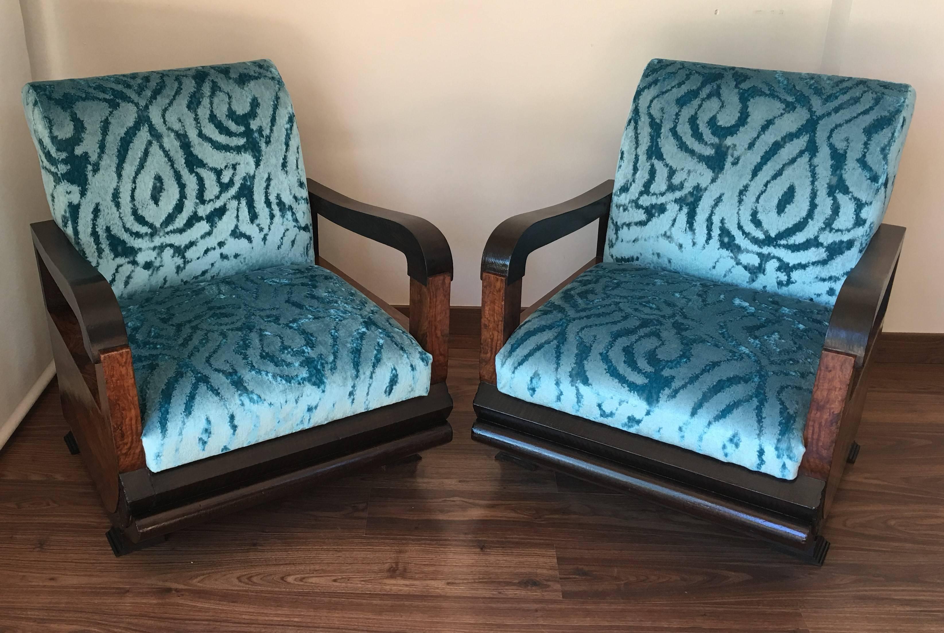 Pair of Art Deco Club Armchairs with Turquoise Velvet by Lizzo, Italy 9