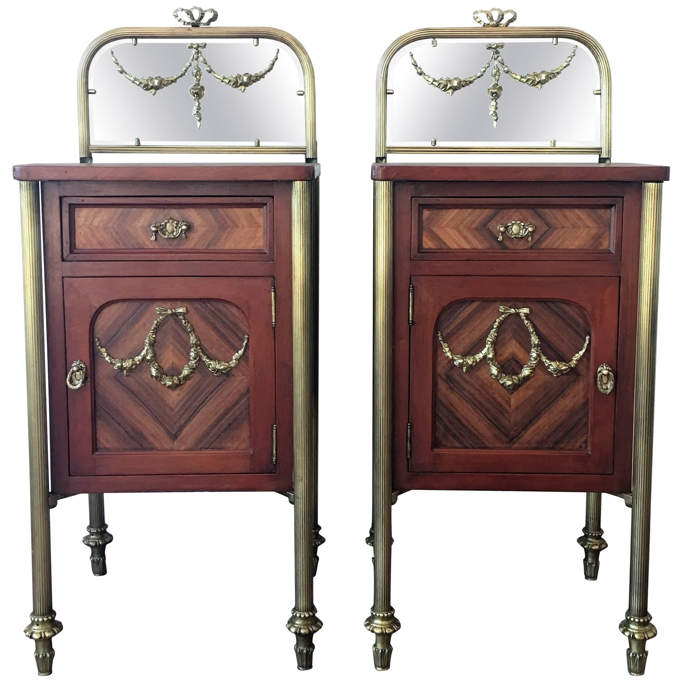 Pair of Marquetry Art Deco Nightstands with Glass Crest and Bronze Legs