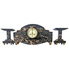 Retro Art Deco Marble Mantel French Bronze Clock with Garniture, circa 1920