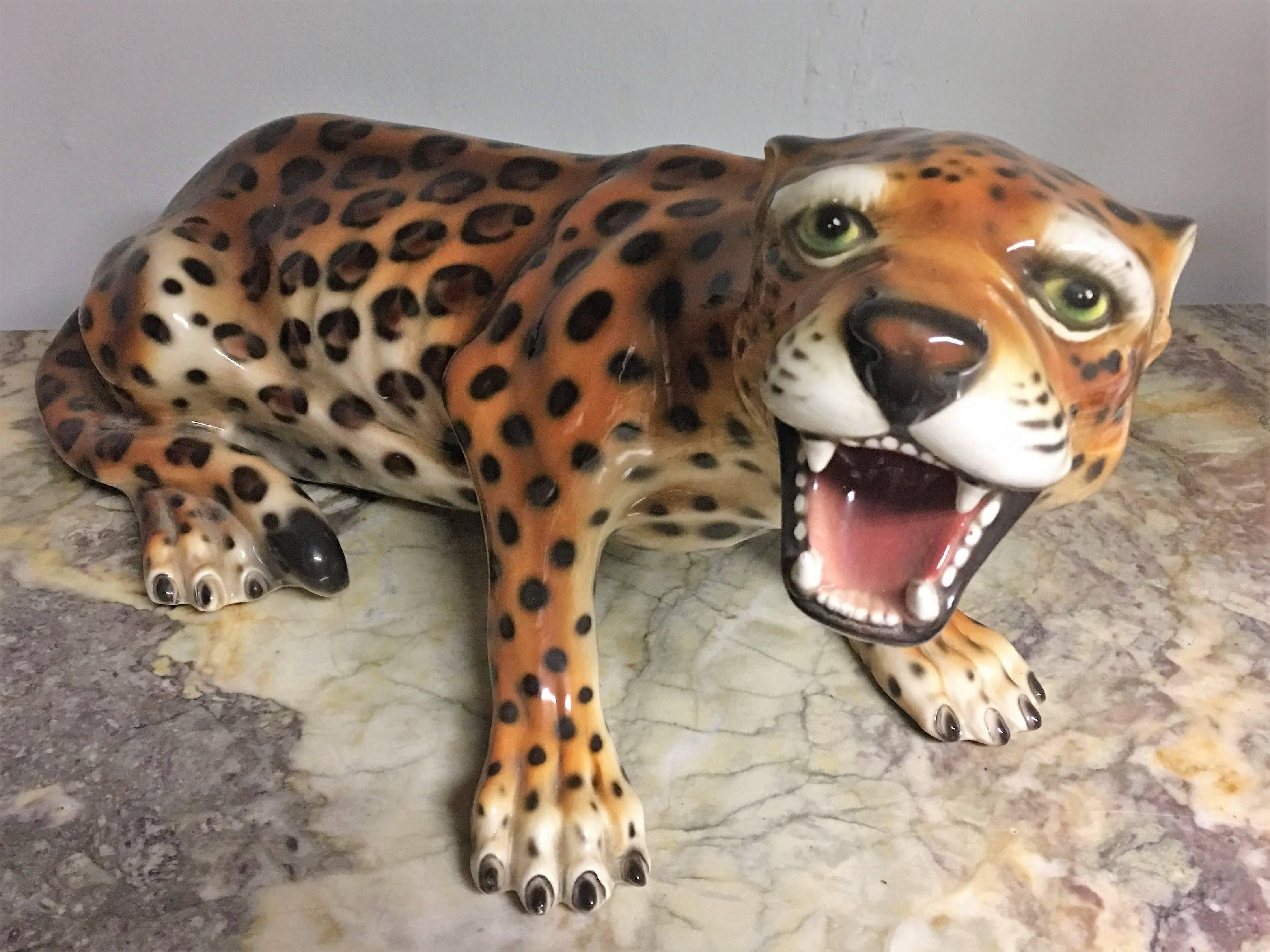 Art Deco Italian Glazed Terracotta Baby Leopard Figure For Sale