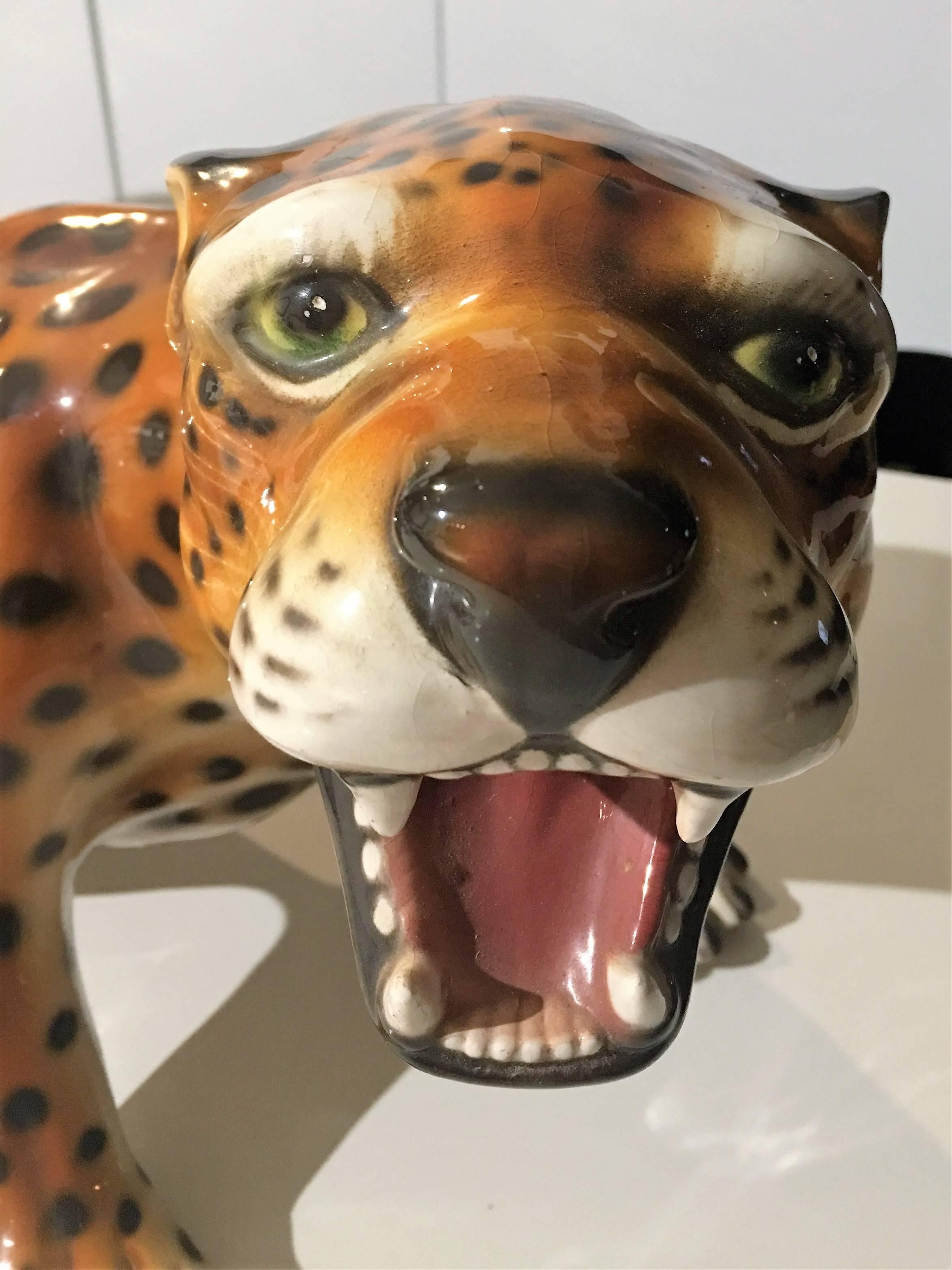 20th Century Italian Glazed Terracotta Baby Leopard Figure For Sale
