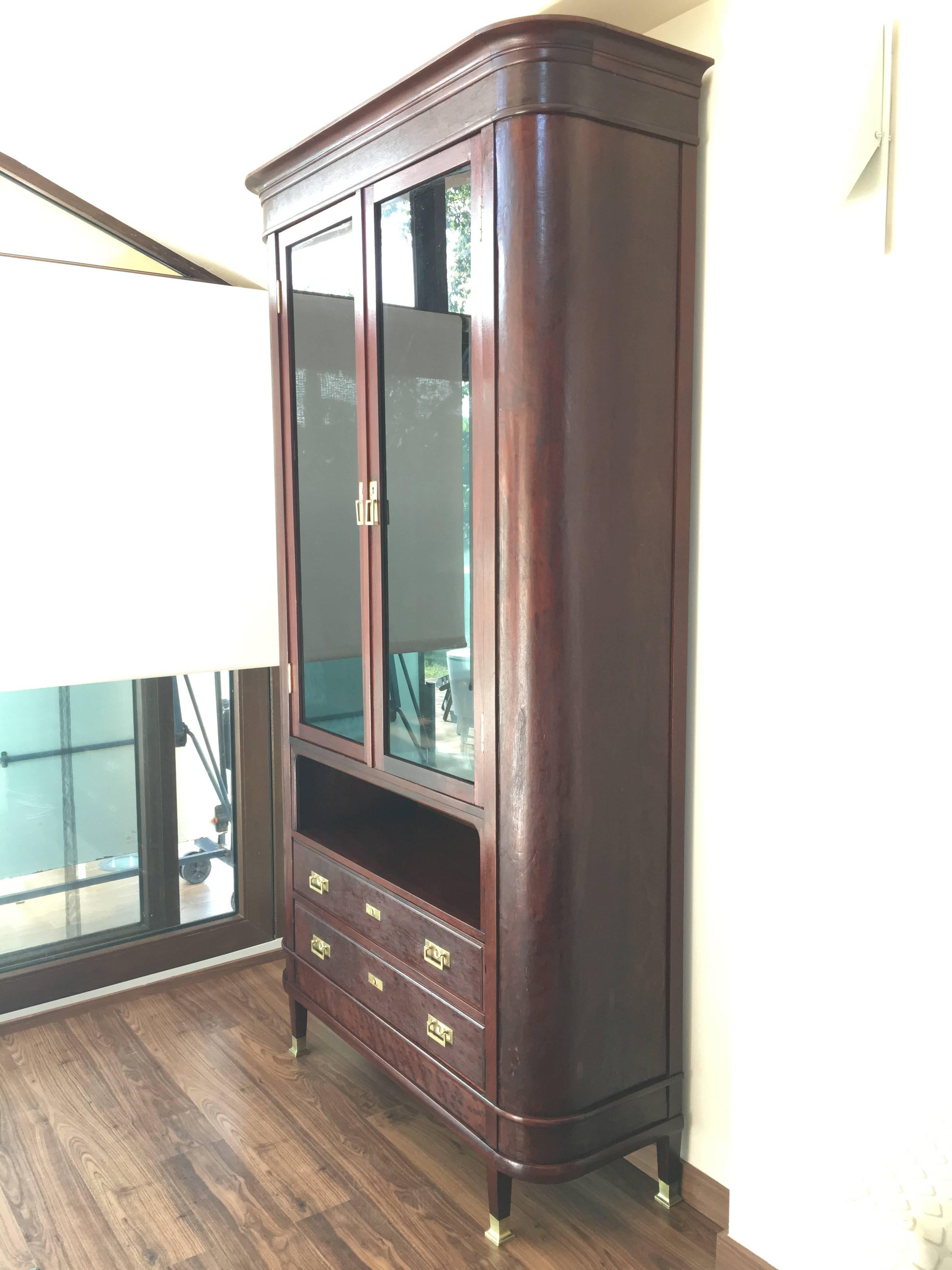 Bronze 20th Mahogany Showcase Vitrine Art Deco with Two Drawers