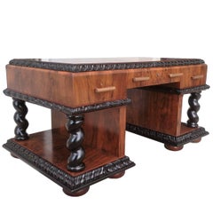 Important Art Deco Desk Table in Walnut with Black Glass Top