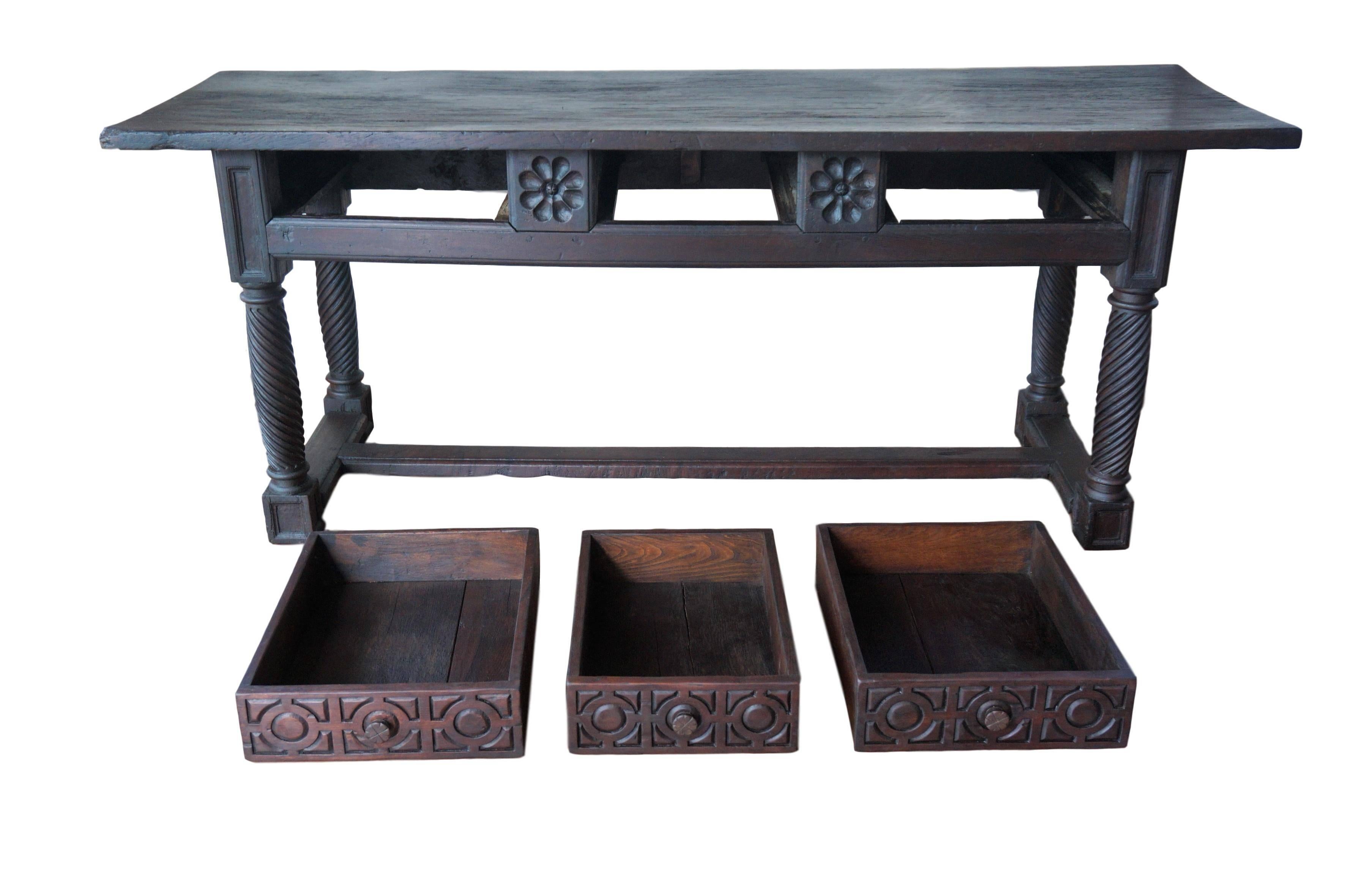 18th Century Large Spanish Baroque Carved Walnut Refectory Table 1