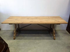 19th Century Spanish Farm Trestle Lyre Leg Dining Room Table with Forged Iron
