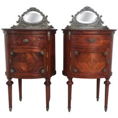 Antique 20th Louis XVI Style Marquetry Nightstands with Metal and Mirror Crest. A pair