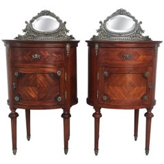 Antique 20th Louis XVI Style Marquetry Nightstands with Metal and Mirror Crest. A pair