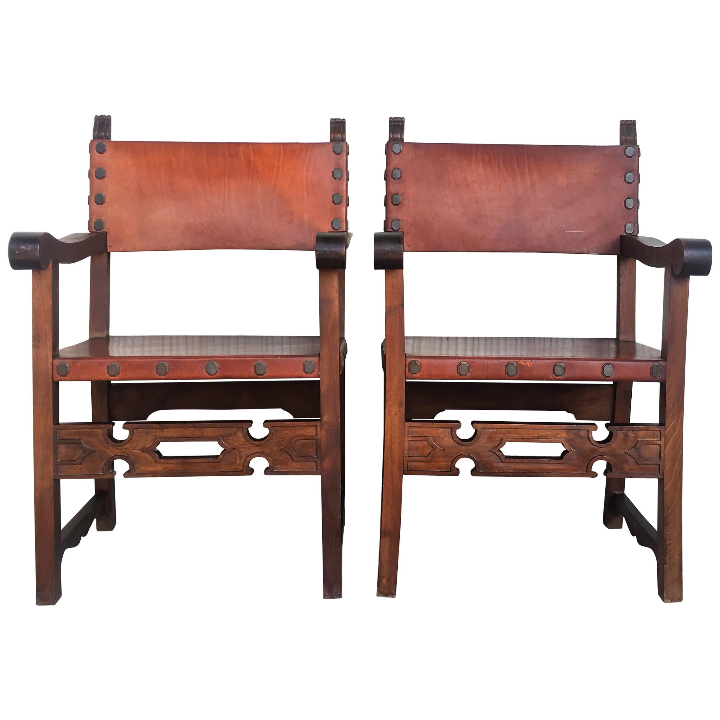 Pair of 19th Century Spanish Colonial Style Carved Armchairs with Leather