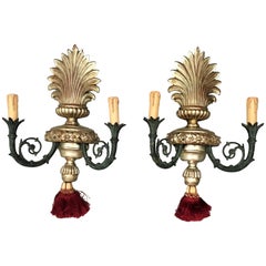 Pair of French Neoclassical Two-Light Gilt Metal and Wood Sconces