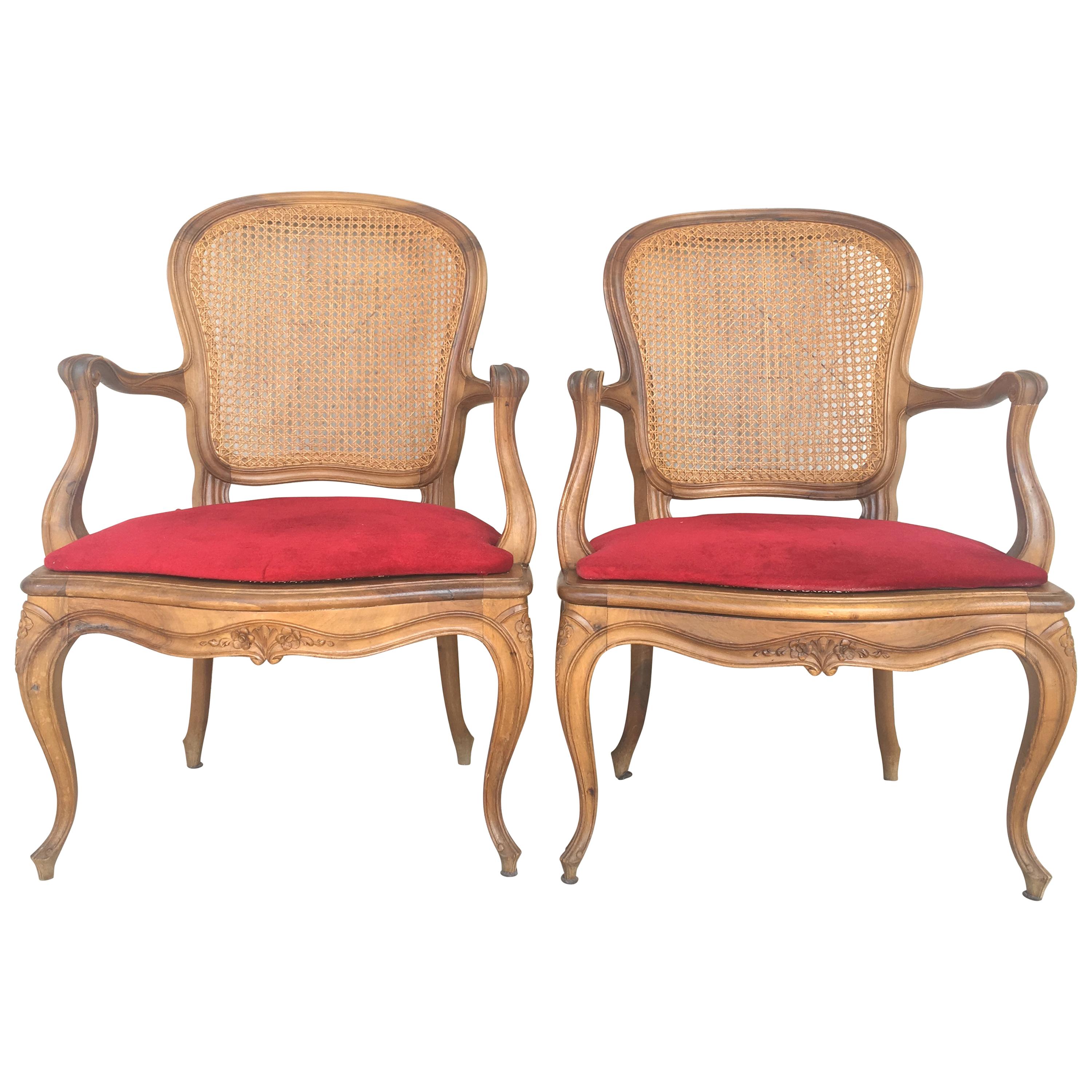 Pair of Louis XV carved Provincial Fauteil's with caned seats and backrests with velvet upholstered rigid cushions-seats, carved crests, rails, arms, and legs.
Really beautiful and perfect shape.

ONLY ONE AVAILABLE