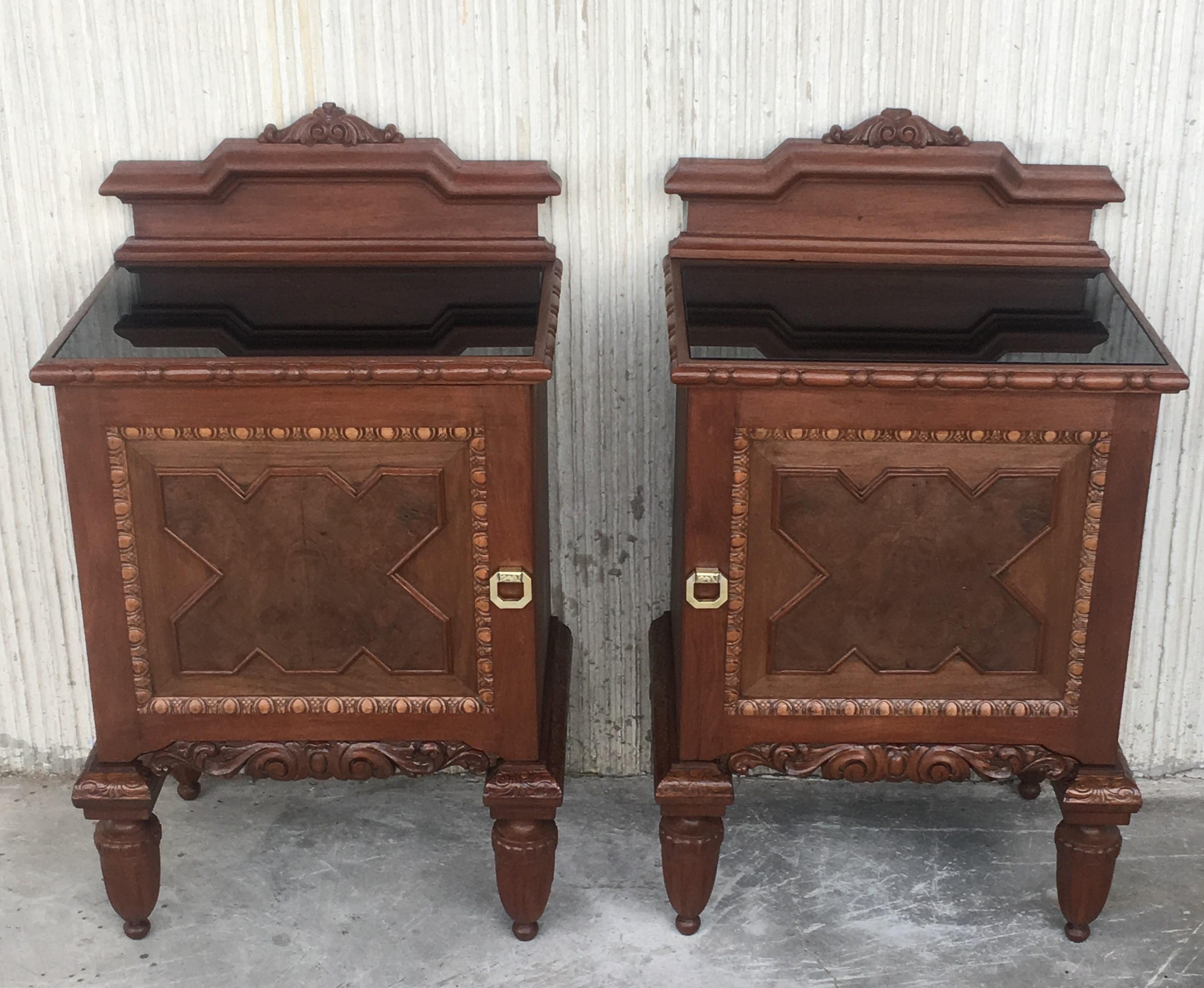 Pair of French Art Deco Heavily Hand Carved Bedside Tables Nightstands, 1920s 10