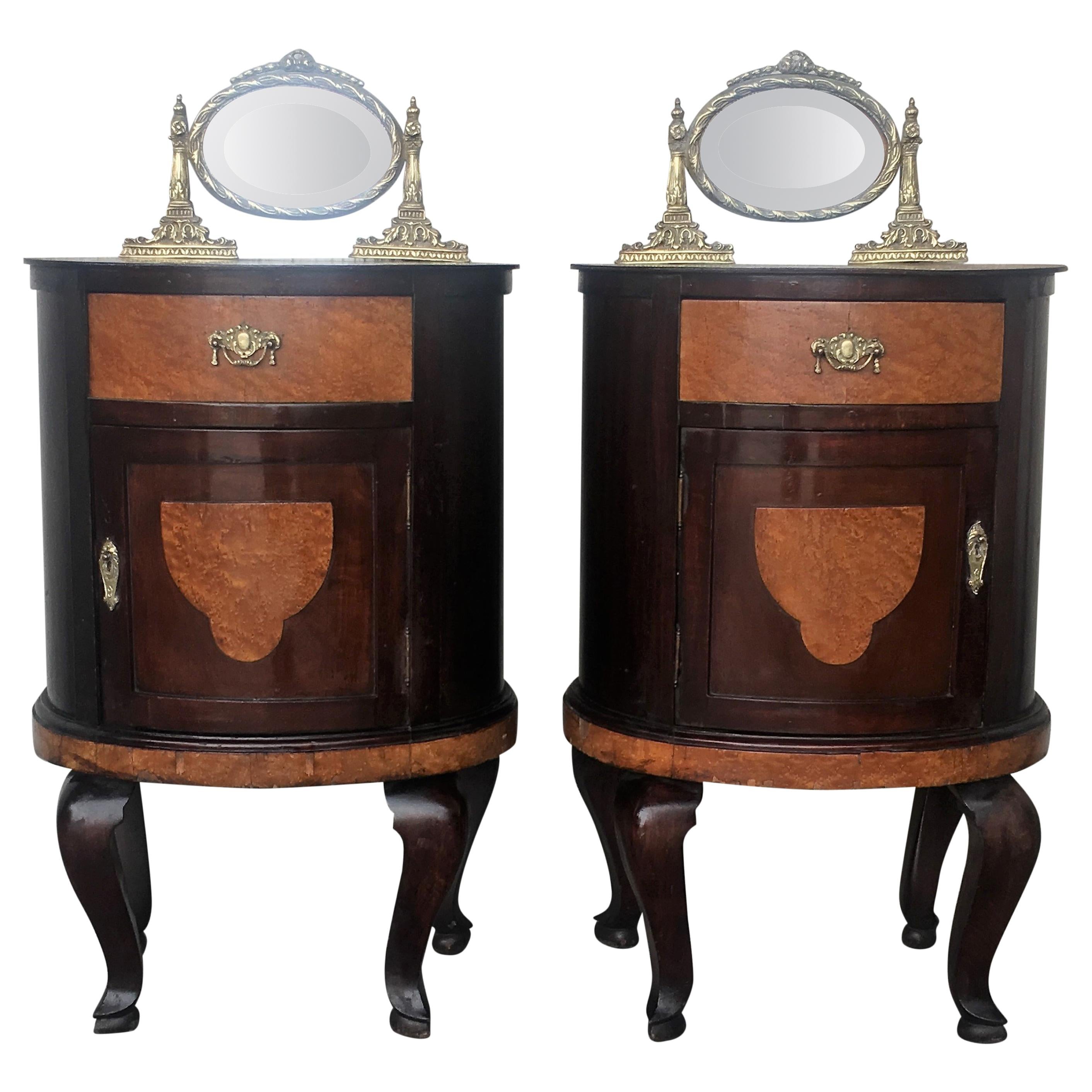 French Art Deco Style Marquetry Nightstands with Metal and Mirror Crest, Pair