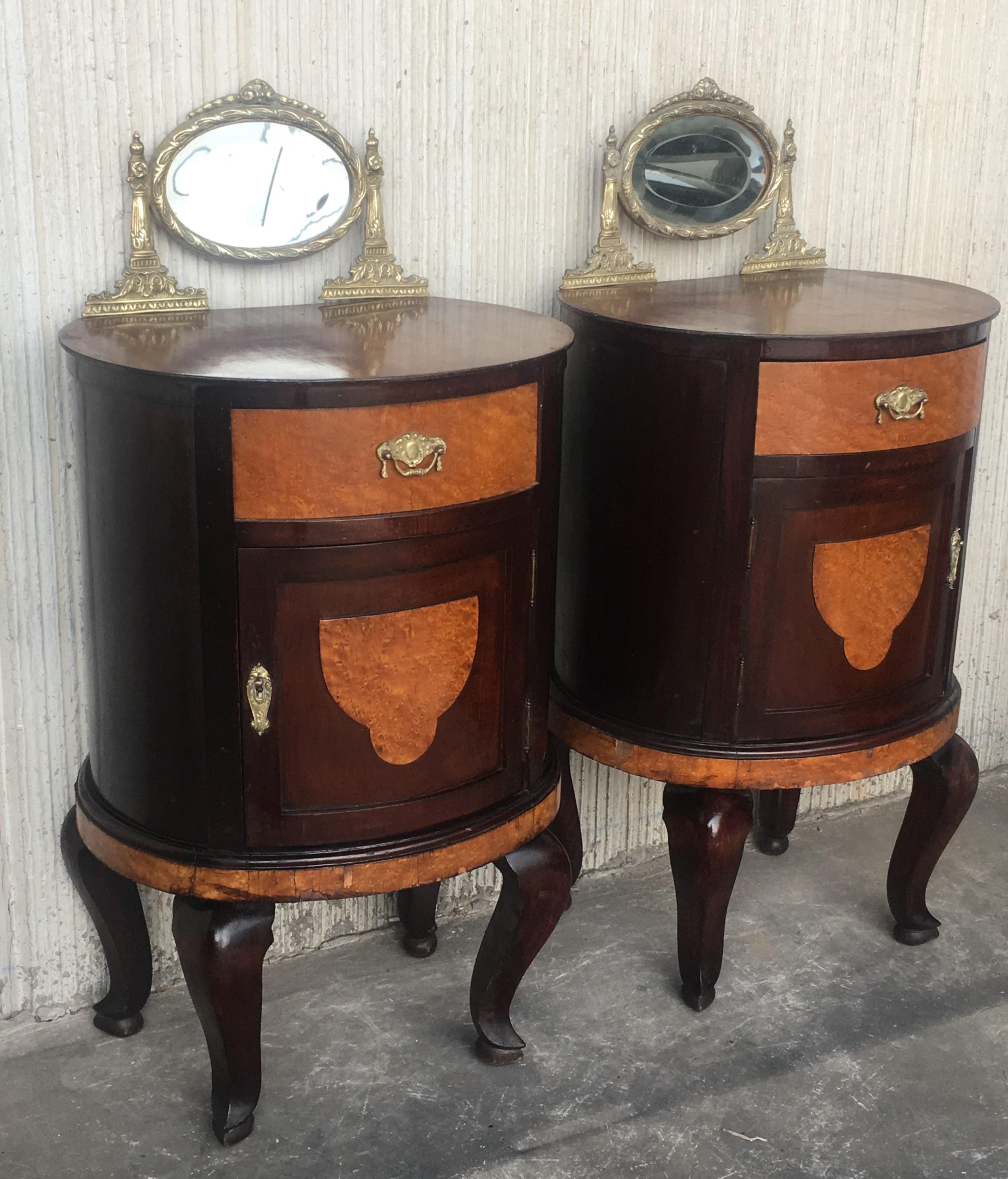 Inlay Art Deco Style Marquetry Nightstands with Metal and Mirror Crest, Pair