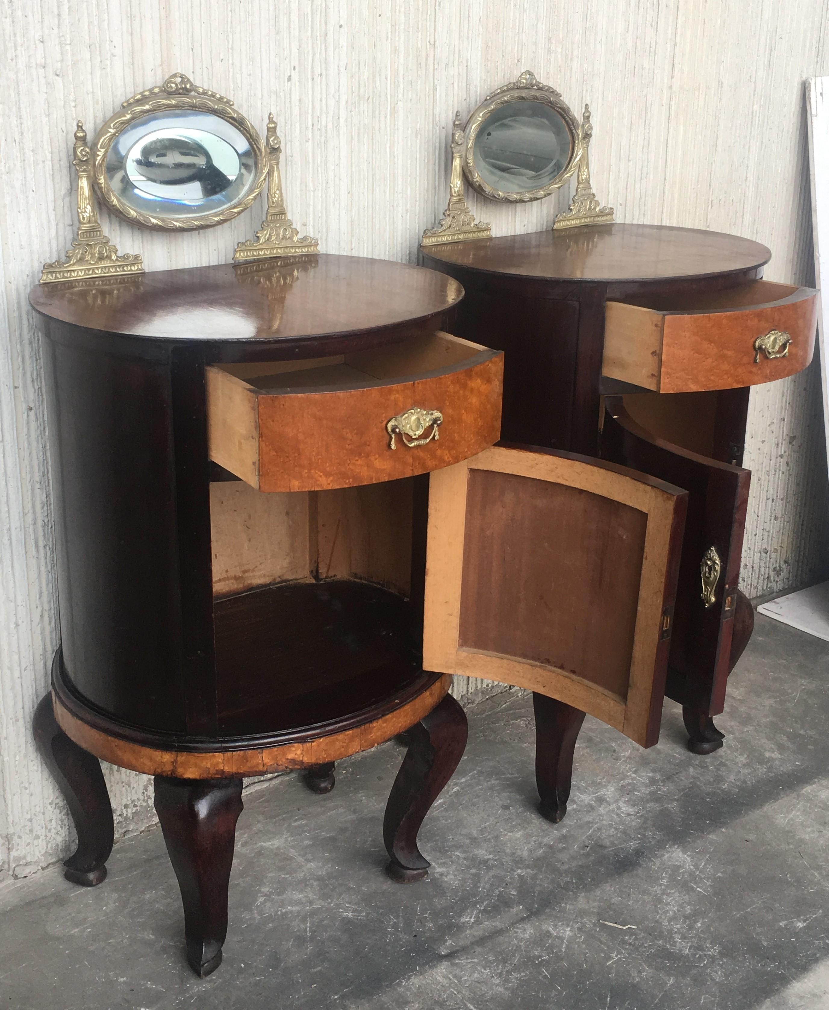 Art Deco Style Marquetry Nightstands with Metal and Mirror Crest, Pair 3
