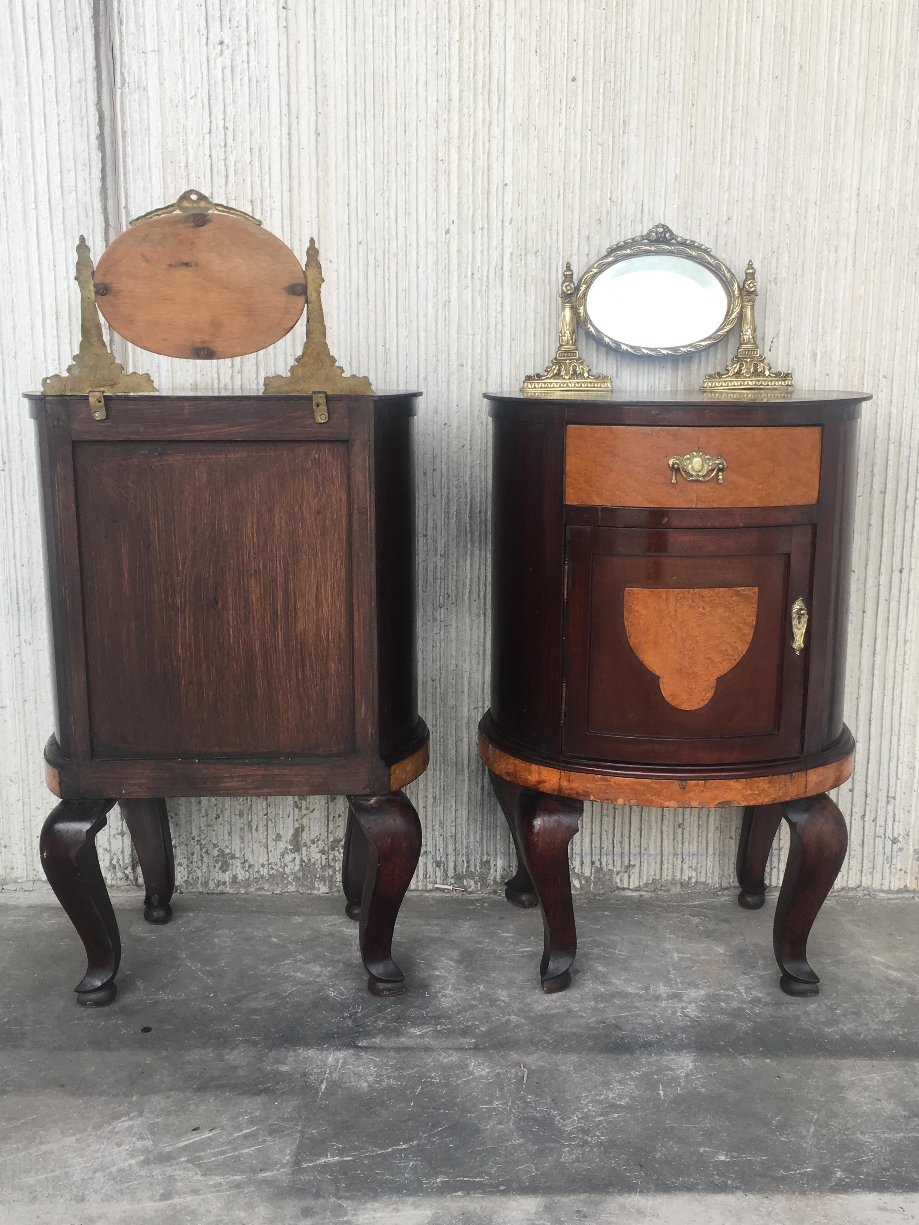 Art Deco Style Marquetry Nightstands with Metal and Mirror Crest, Pair 7