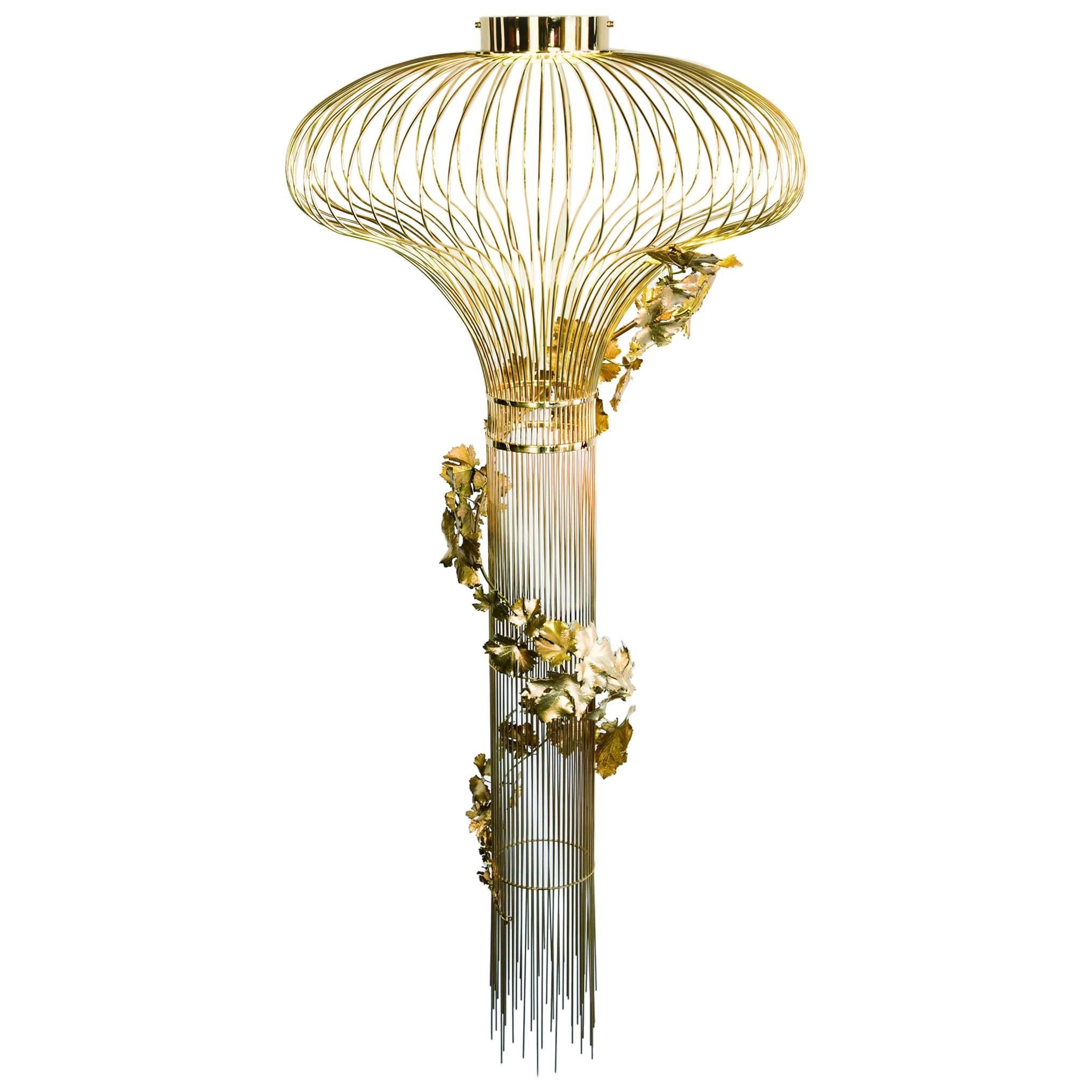 Contemporary 21st Century Sculptural Modern Handmade Led Chandelier in Brass and Lost Wax For Sale