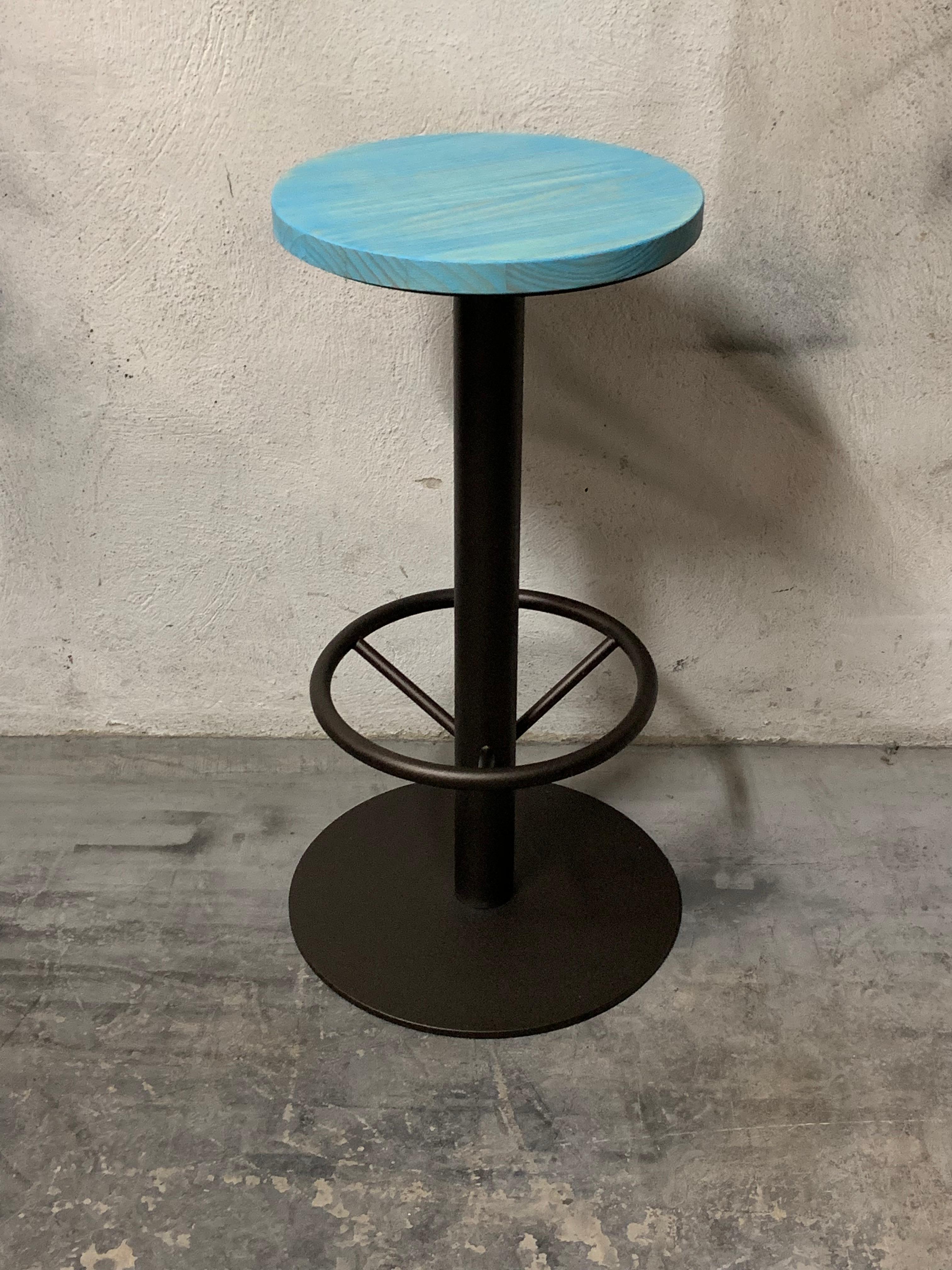 Spanish New Industrial Wrought Iron Shop Stool with Pine Wood Seat For Sale